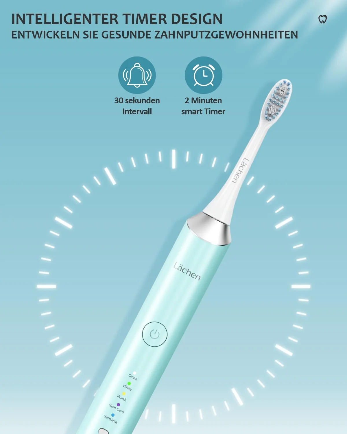 Электрическая зубная щетка Lächen 5 программ Дорожный футляр 6 насадок IPX7 Циановая, фото №6