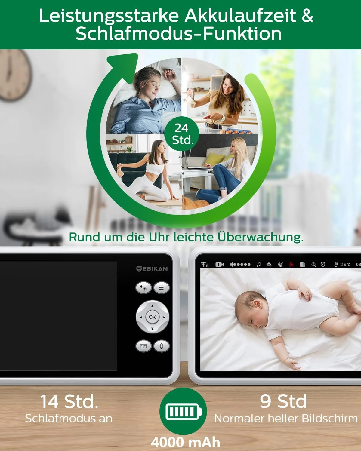 Відеоняня SEBIKAM 5" 720P HD IPS 4000 mAh 2 камери PTZ 355° VOX, фото №6