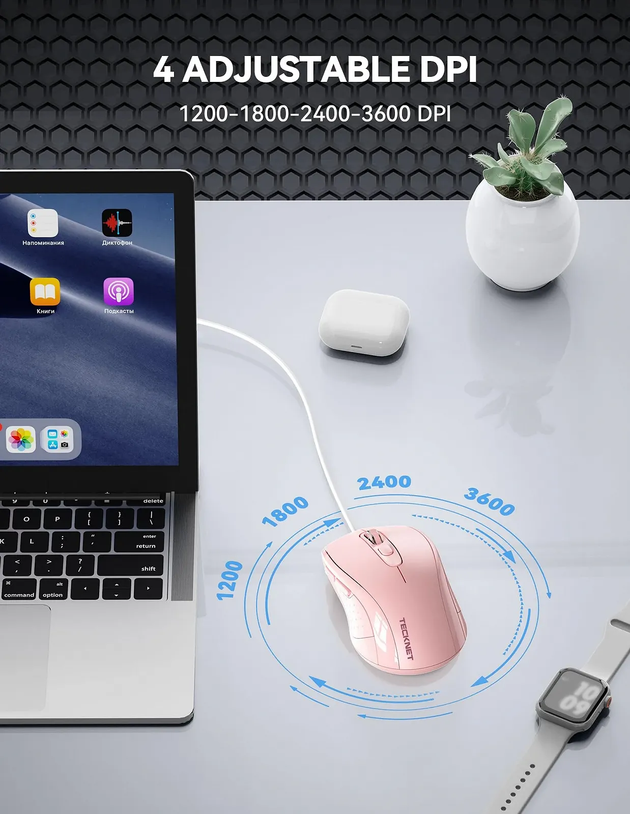 Миша дротова TECKNET оптична 6400 DPI 6 кнопок Рожева, фото №3