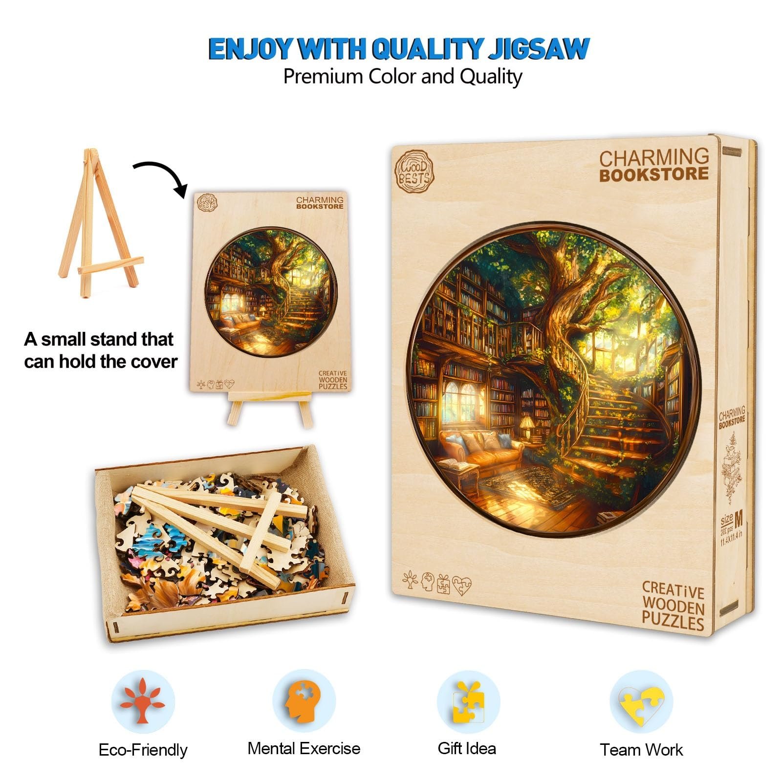 Дерев'яний пазл Charming Bookstore 300 деталей Унікальні нерегулярні форми Фігурки тварин (34 x 34 см), фото №3
