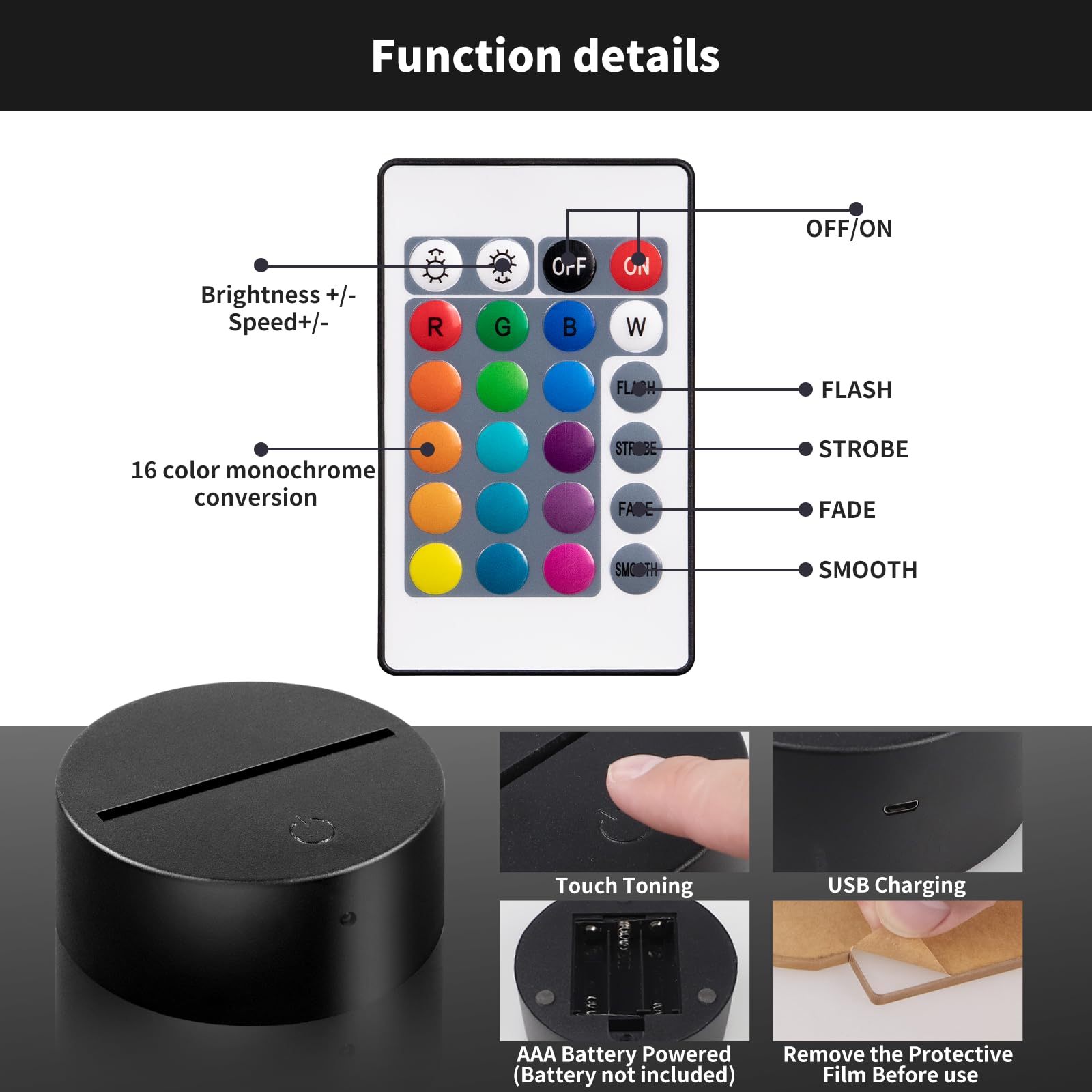 Лампа 3D LED Moocuca з ілюзією, нічник з дистанційним керуванням, 16 кольорів, регульована яскравість, фото №6