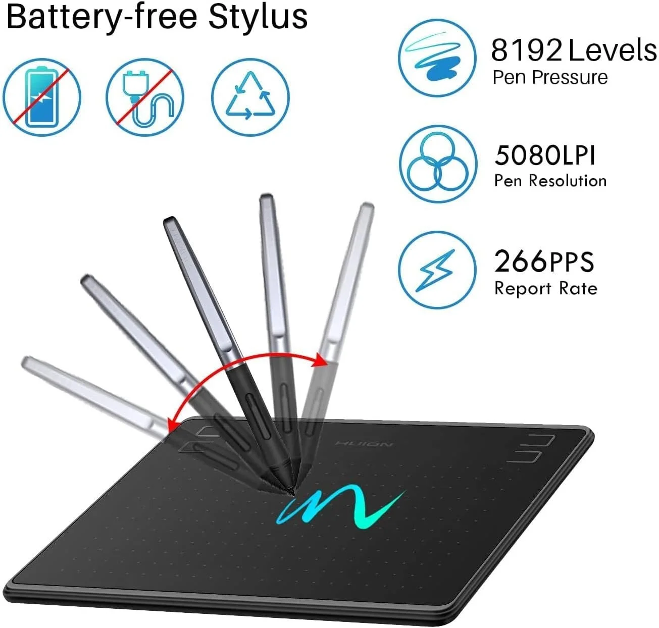 Графічний планшет HUION HS64 / робоча поверхня 6,3x4 дюйми / 5080 LPI / 266 PPS / Чорний, фото №2