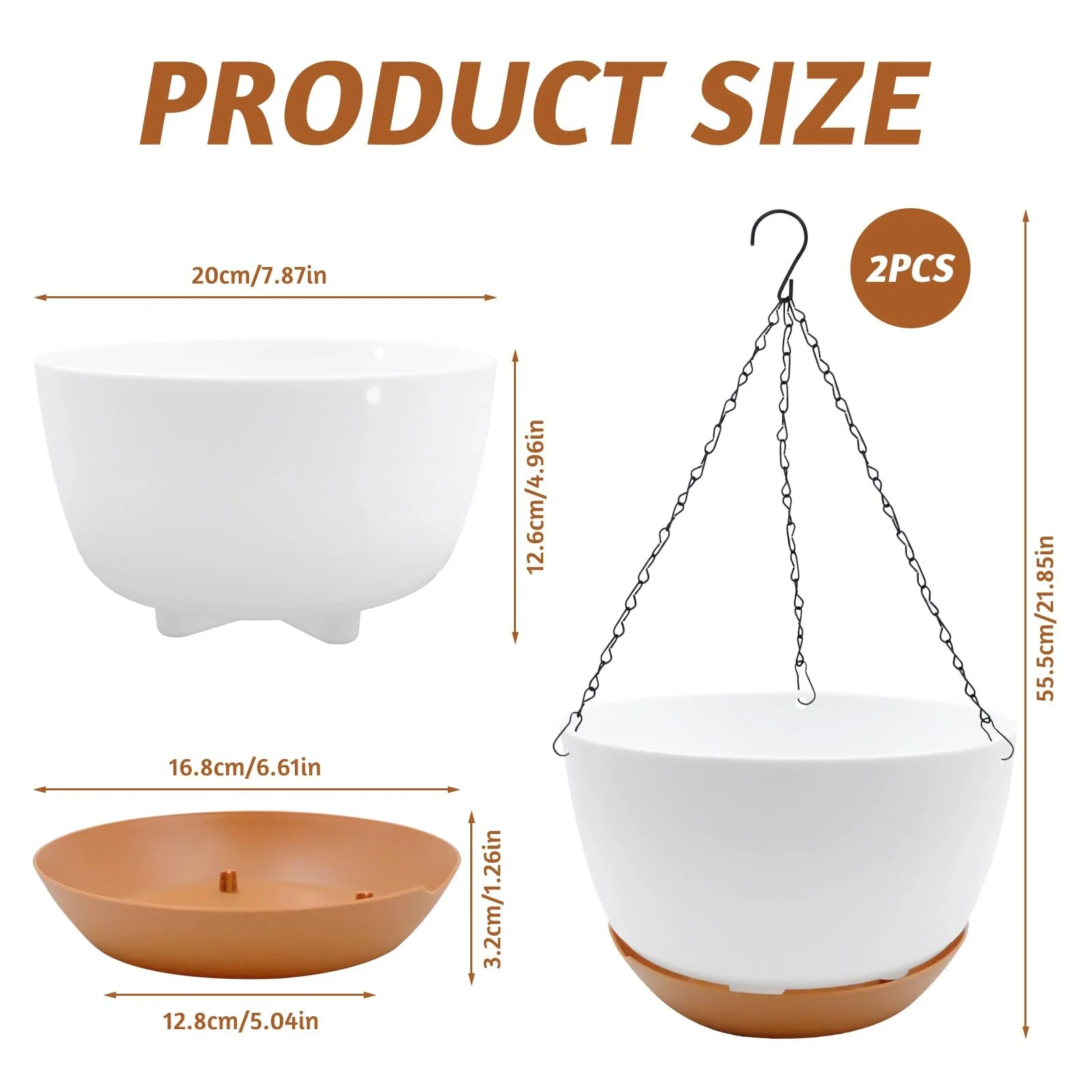 Підвісні горщики для рослин 21 см 2 шт. з дренажними отворами та піддонами, фото №2