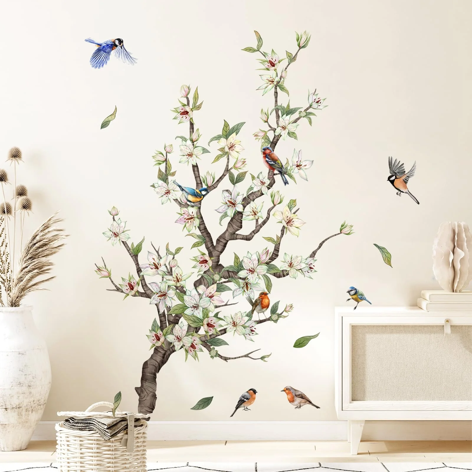 Настінна наклейка Tanlaby Квіти Дерево Птахи на гілці Зелена, фото №1