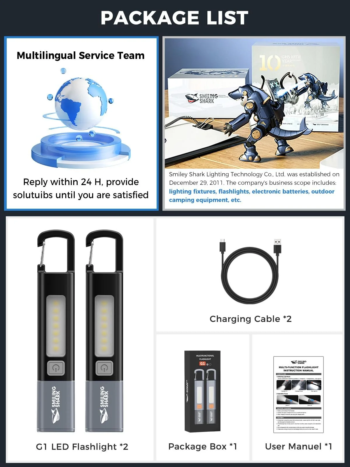 Ліхтар Smiling Shark G1 2 шт. LED Перезаряджуваний з боковим світлом і 3 режимами, масштабований, водонепроникний, міні з гачком Чорний, фото №7