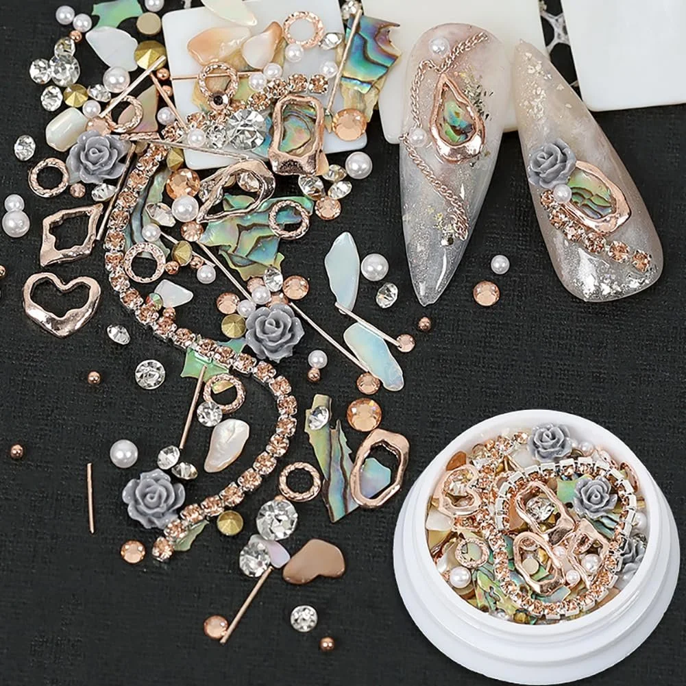 Стразы для ногтей 3D 4 коробки, разные формы, металлические заклепки, маленькие бусины для ногтей, икорные бусины для ногтей, блестящие драгоценные камни для ногтей, металлический драгоценный камень, искусственный жемчуг, фото №3