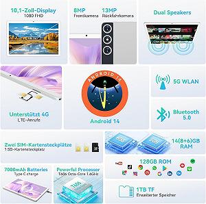Планшет 10.1" FEONAL D106 (8+6)/128GB 4G 2 SIM 8 ядер Android 14 7000 mAh Білий synthetic.ua - Фото 1