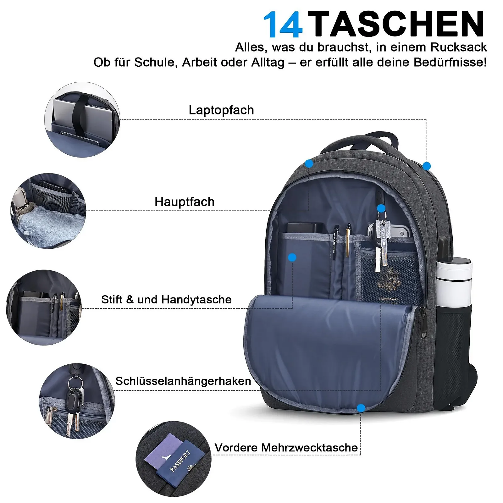 Рюкзак для ноутбука TANTOMI 17 дюймів Large USB Charging Port Dust and Water Resistant Black, фото №4 Рюкзак для ноутбука TANTOMI 17 дюймів Large USB Charging Port Dust and Water Resistant Black, фото №4