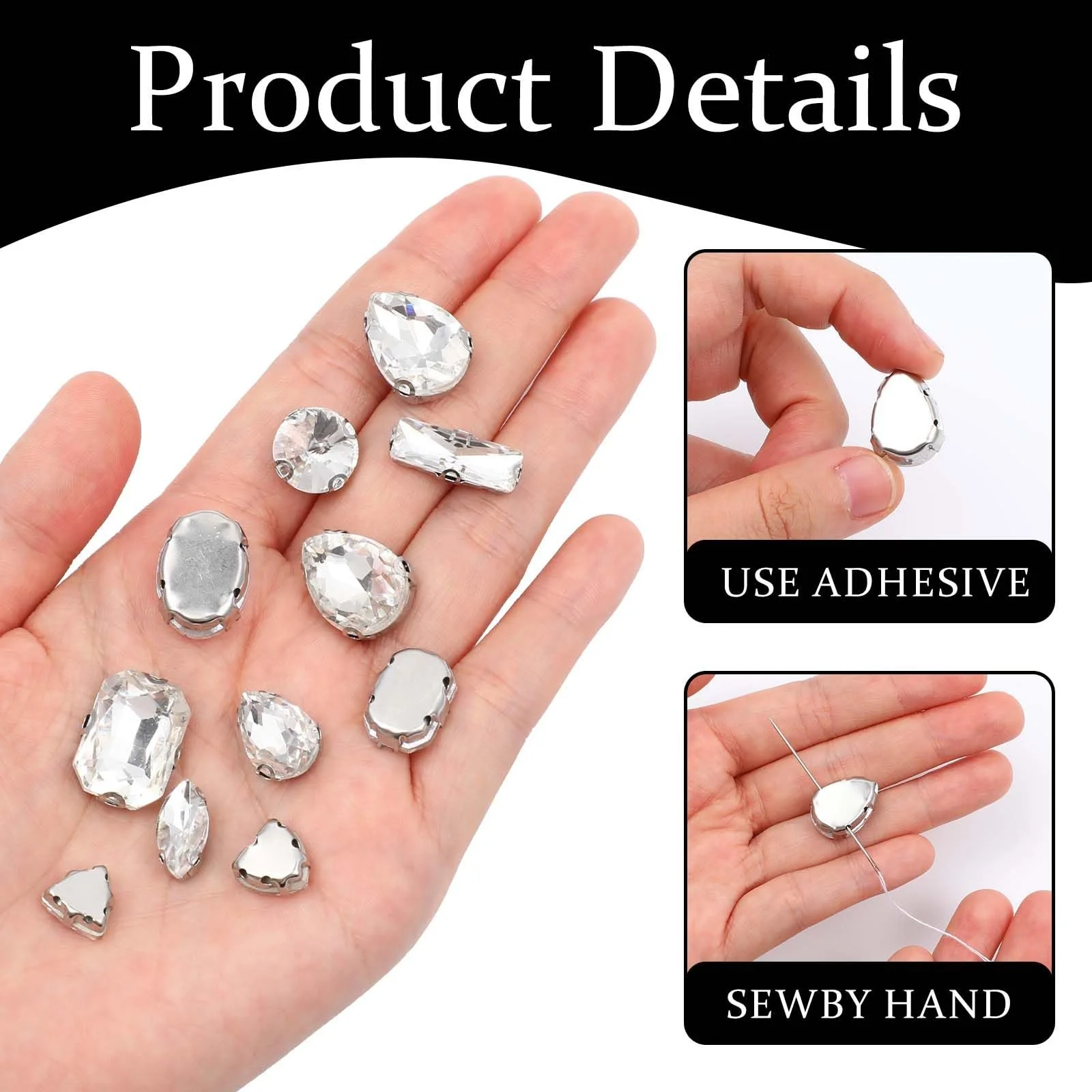 Пришивные стразы Белый 105 штук, микс форм, стеклянные кристаллы, плоская задняя часть, с коготками, для ювелирных изделий, одежды, обуви, фото №4 Пришивные стразы Белый 105 штук, микс форм, стеклянные кристаллы, плоская задняя часть, с коготками, для ювелирных изделий, одежды, обуви, фото №4