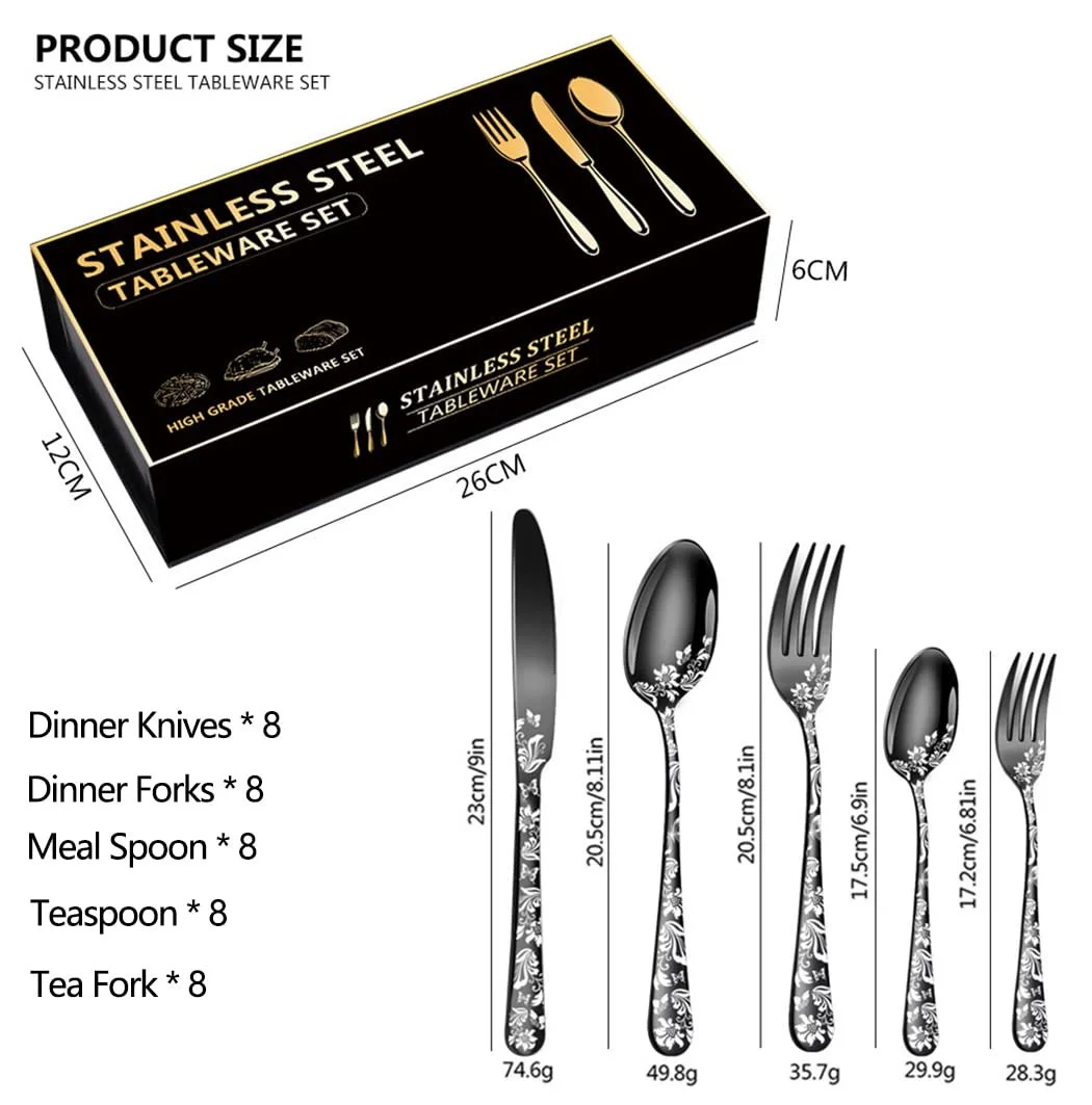 Набор столовых приборов XIAOYU 40 предметов, нержавеющая сталь, уникальный узор, включает обеденные ножи/вилки/ложки, полированный, серебряный, фото №2