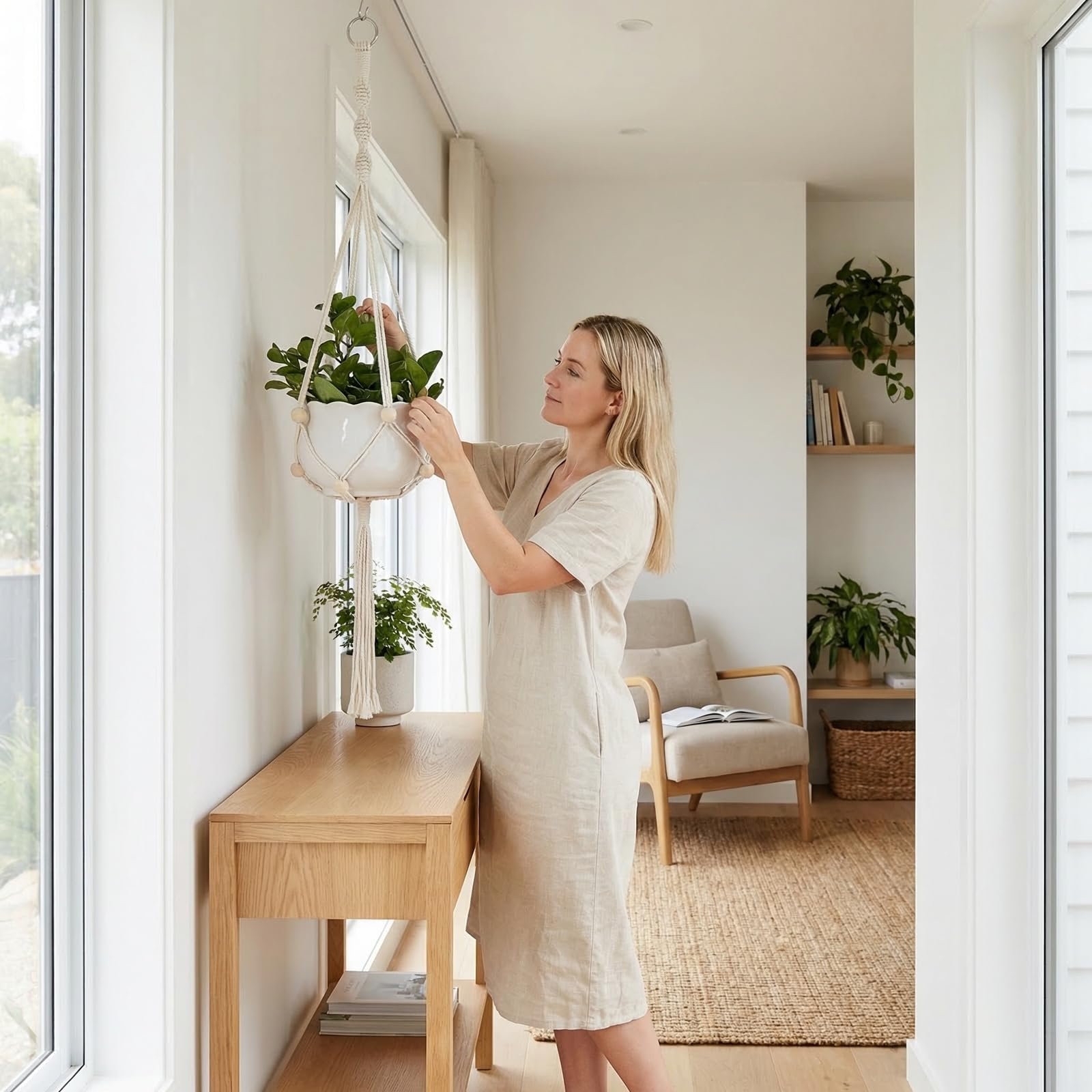 Підвісні кашпо макраме 4 шт з 8 гачками бавовна бежеві, фото №7