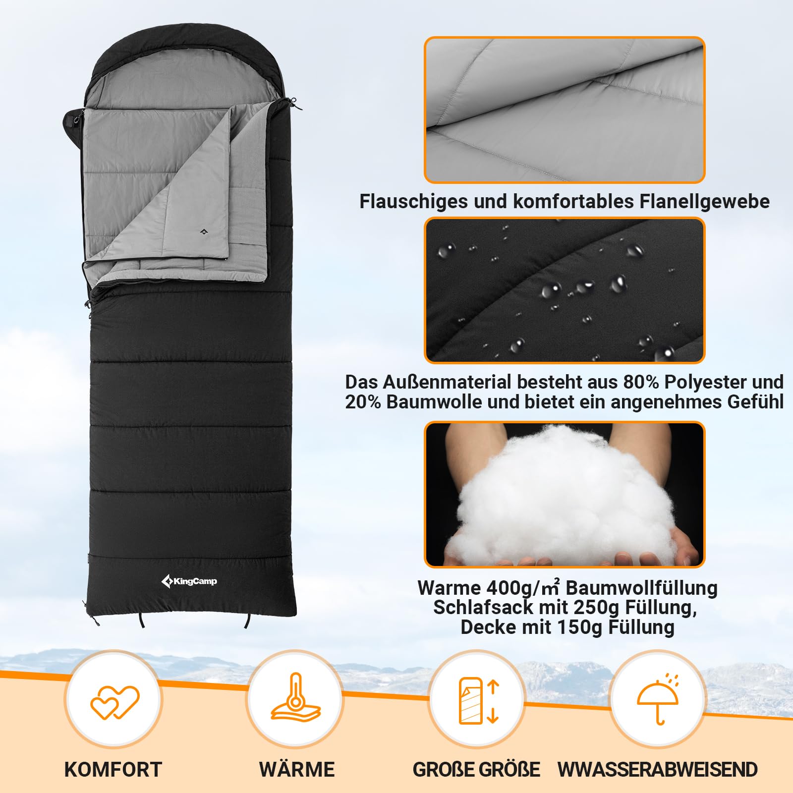 Спальный мешок Kingcamp Flannel Внешний Зима 3-в-1 XXL Хлопчатобумажный Теплее для 3-4 сезонов для взрослых, фото №4