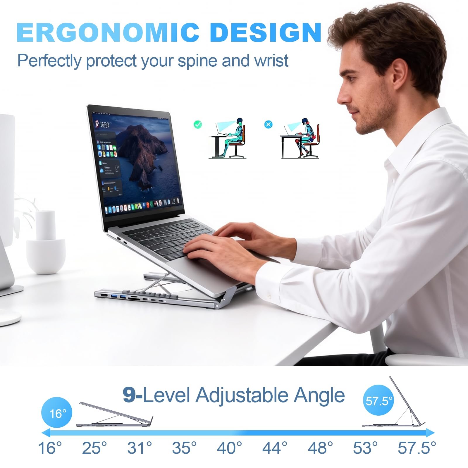 Подставка для ноутбука USB-C 8-в-1, алюминиевая подставка для ноутбука с док-станцией USB C 8-в-1, складная двойная подставка с 9 регулируемыми углами с HDMI 4K@30Hz, USB 3.0, 100 Вт PD для дома, офиса, фото №3 Подставка для ноутбука USB-C 8-в-1, алюминиевая подставка для ноутбука с док-станцией USB C 8-в-1, складная двойная подставка с 9 регулируемыми углами с HDMI 4K@30Hz, USB 3.0, 100 Вт PD для дома, офиса, фото №3