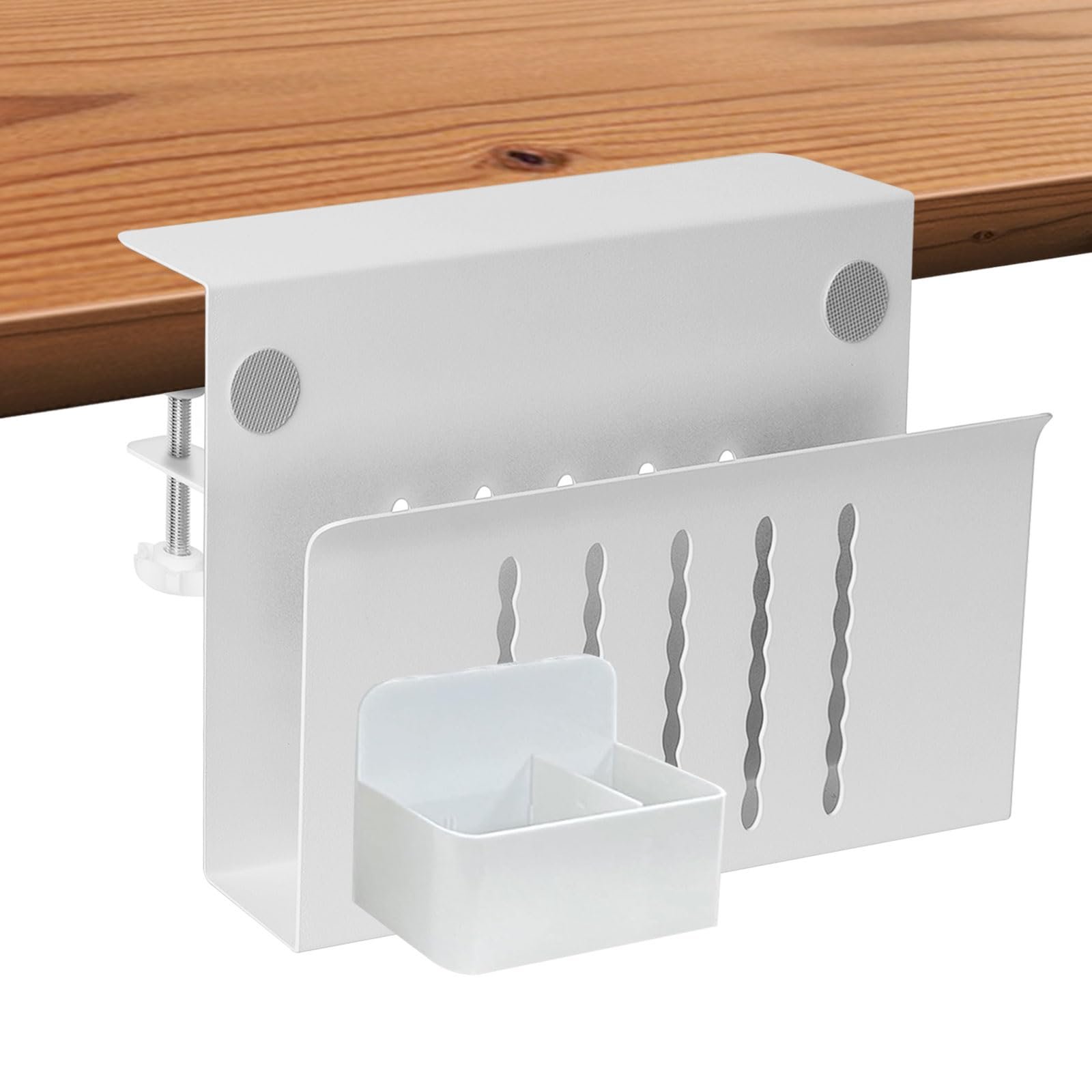 Настольный органайзер для стола Держатель ПК Подвесной стальной органайзер для стола Без сверления Кабельный канал Держатель кабеля с держателем для ручек для офиса дома (одинарный слой белый), фото №1
