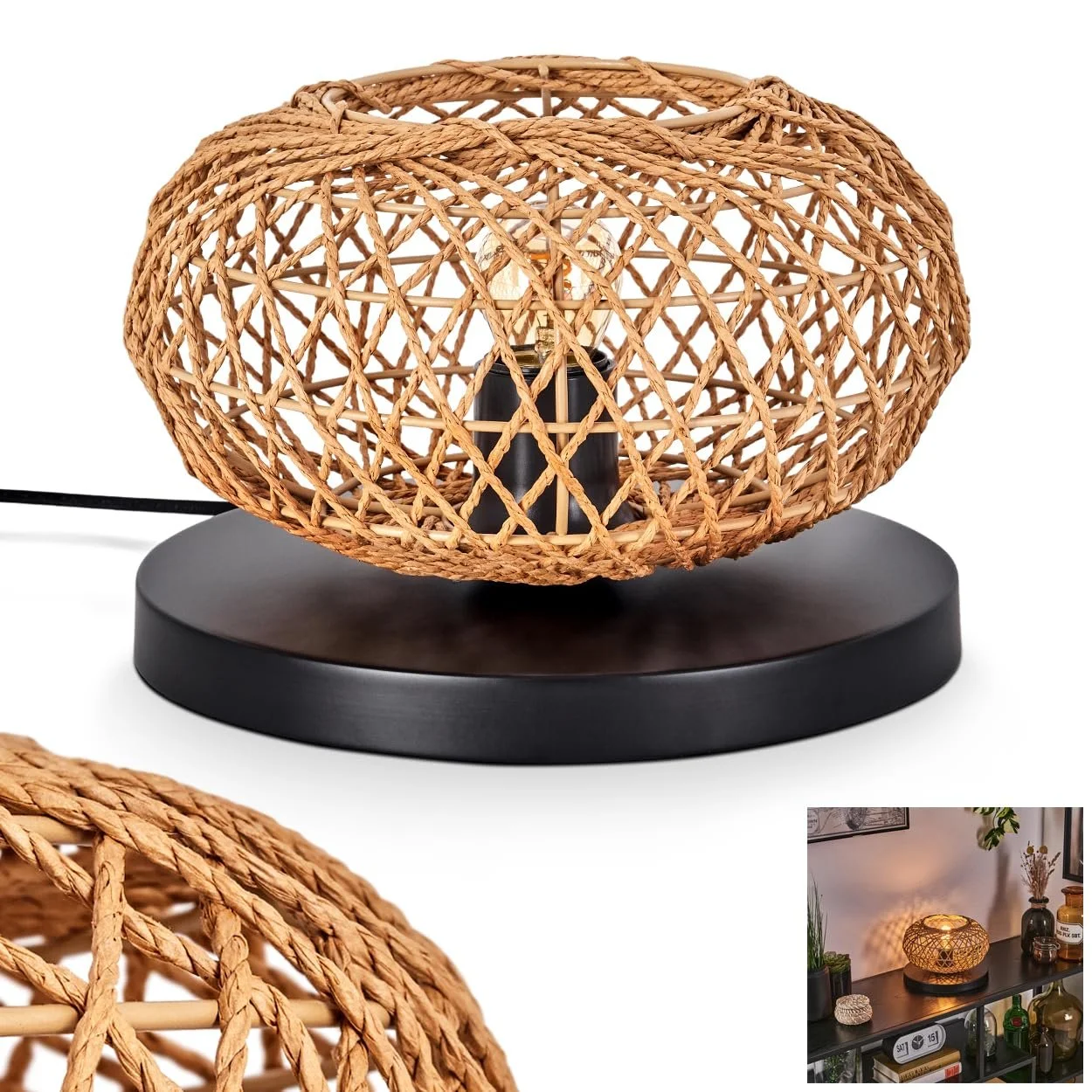 Настільна лампа Mulstrand Metal/Rattan Black/Natural Modern Boho Grid Look 1 x E27, фото №1