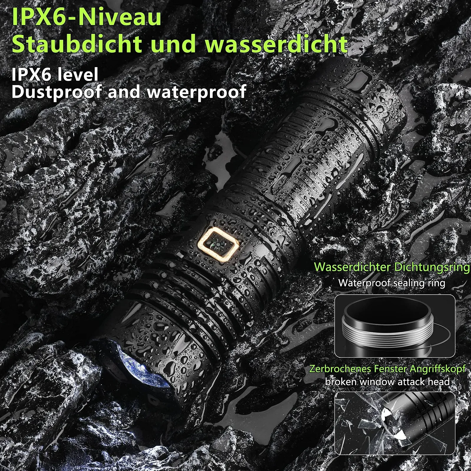 Фонарь LED ASORT чрезвычайно яркий 1000000 люмен, USB перезаряжаемый с батареей 6000 мАч, IPx67 водонепроницаемый, 5 режимов освещения для кемпинга, походов, чрезвычайных ситуаций (3 x 18650 батареи), фото №6