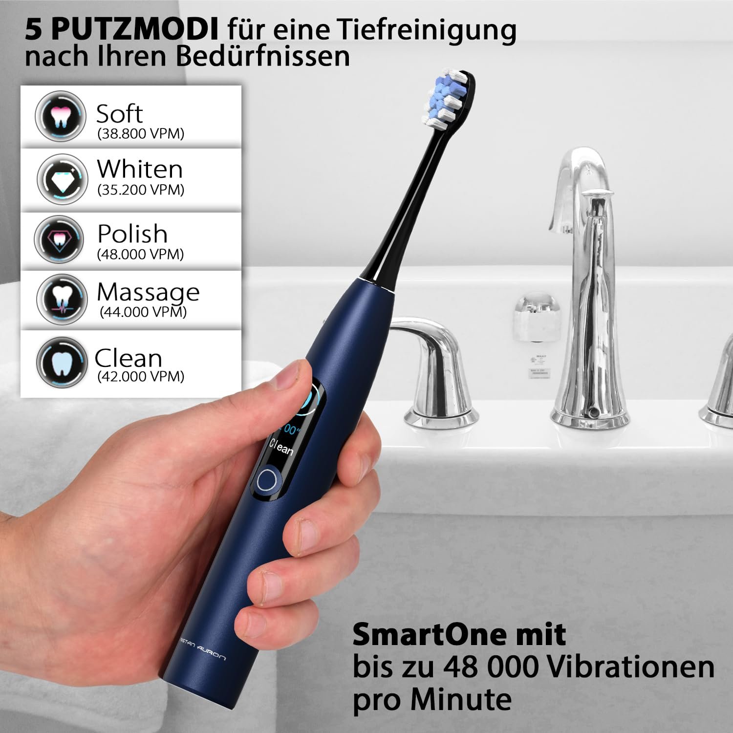 Електрична звукова зубна щітка Tristan Auron SmartOne 48 000 вібрацій 5 режимів USB-C Синя, фото №3