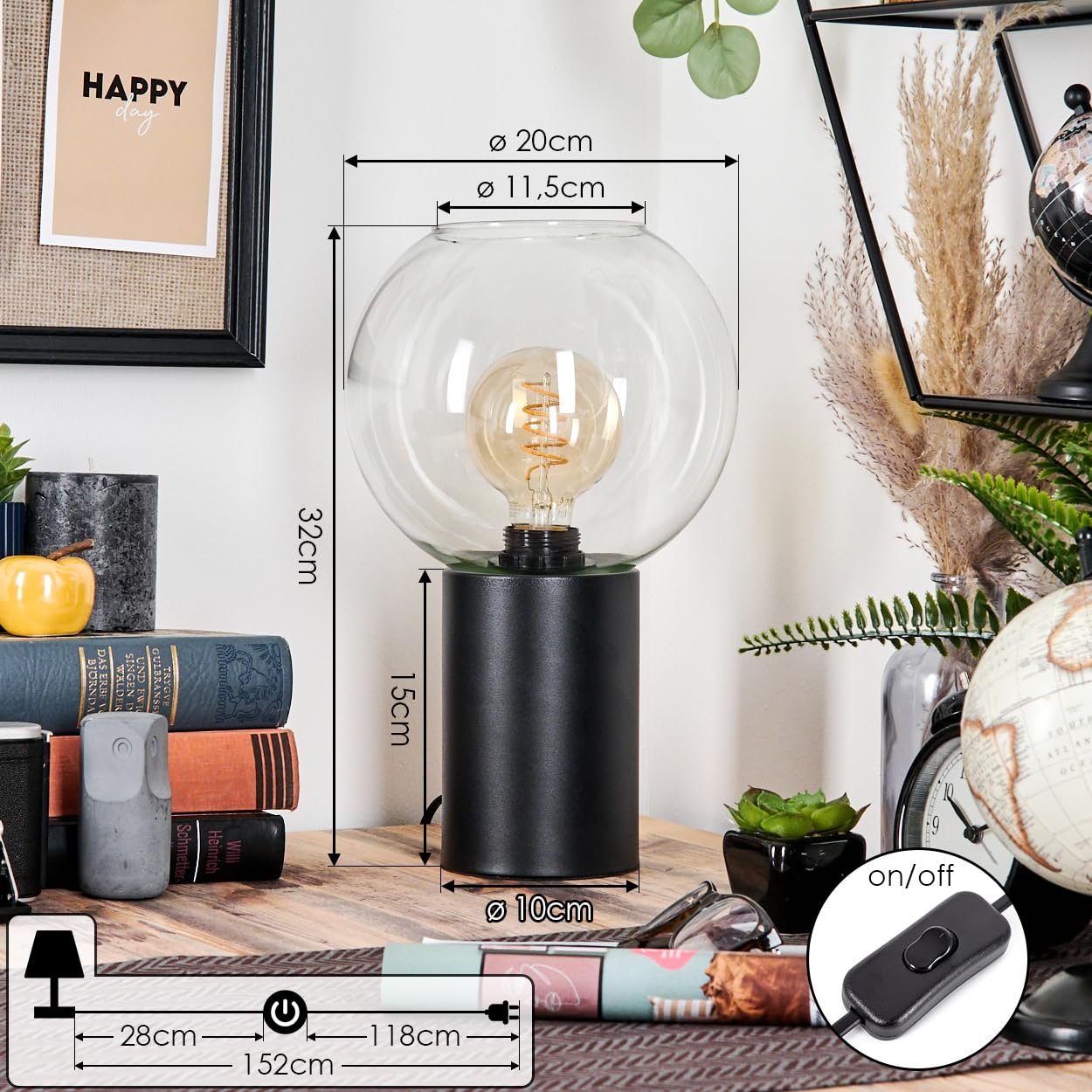 Настільна лампа HOFSTEIN Koyoto Метал/Скло E27 15 см Black/Clear, фото №4
