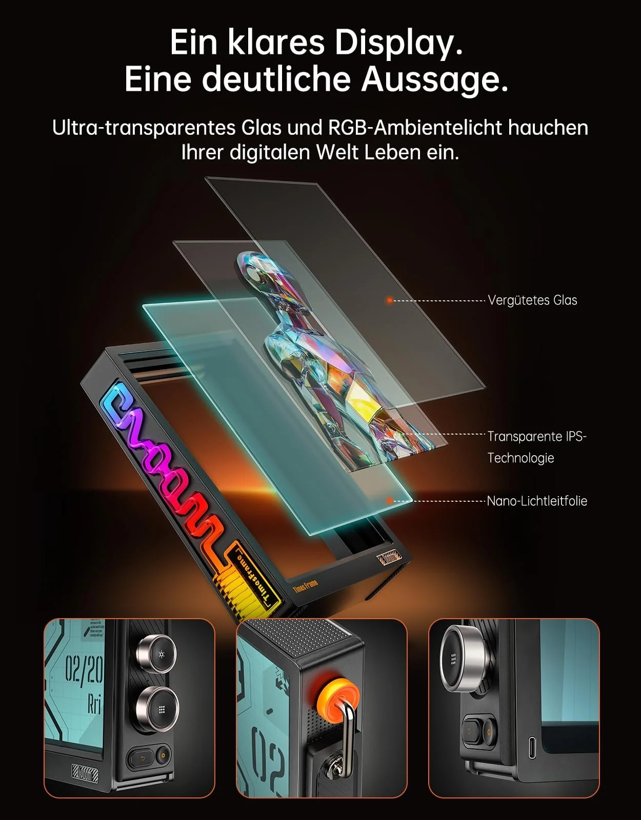 Цифровая фоторамка Divoom Times Frame 10.1 дюйма WiFi 64 GB Transparent IPS Floating Effect RGB Rotary Knob Black, фото №3