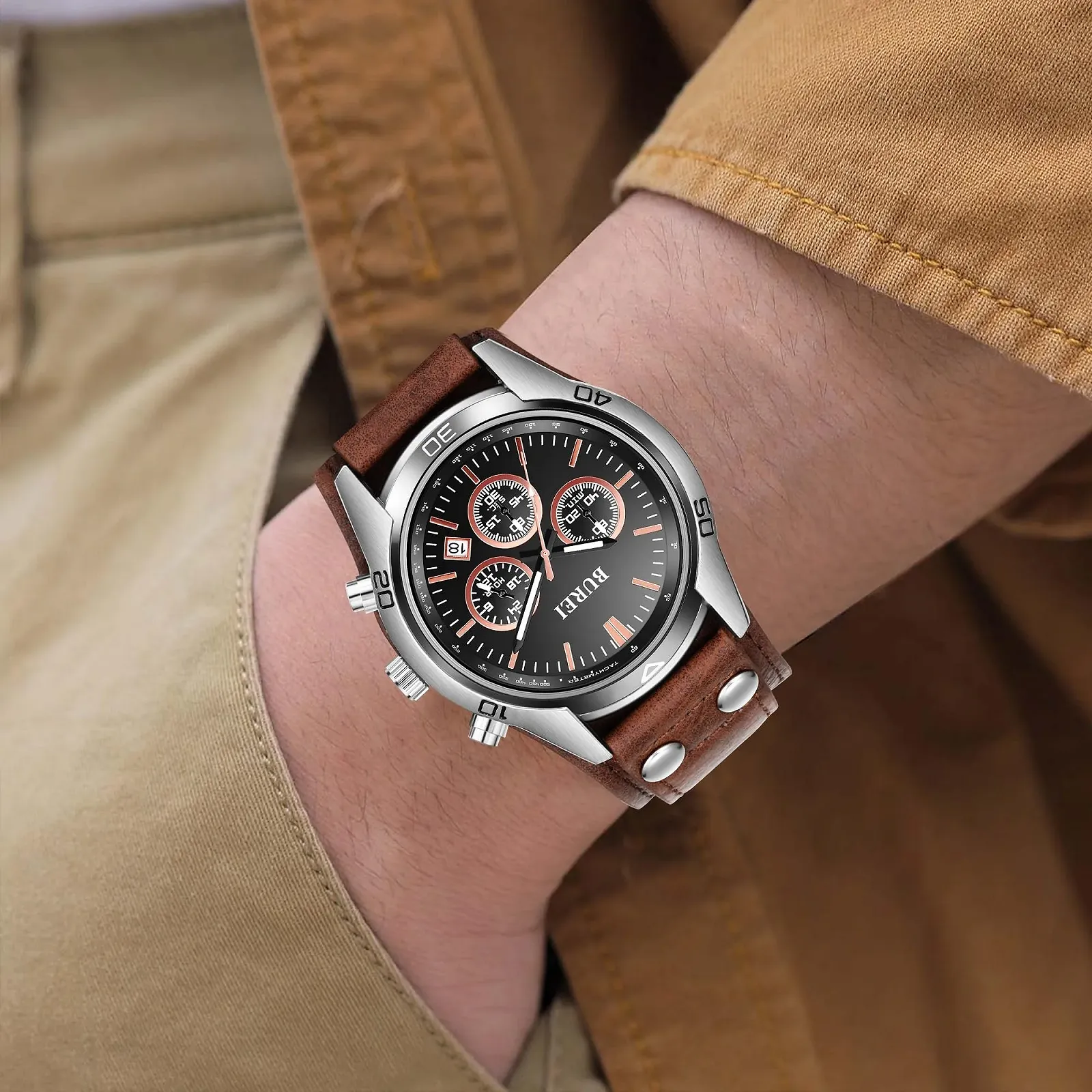 Мужские Часы Хронограф Vintage Коричневый Кожаный Ремешок Multi Циферблат Календарь Водонепроницаемые Часы Симулированный Кварц Классические Спортивные, фото №6 Мужские Часы Хронограф Vintage Коричневый Кожаный Ремешок Multi Циферблат Календарь Водонепроницаемые Часы Симулированный Кварц Классические Спортивные, фото №6