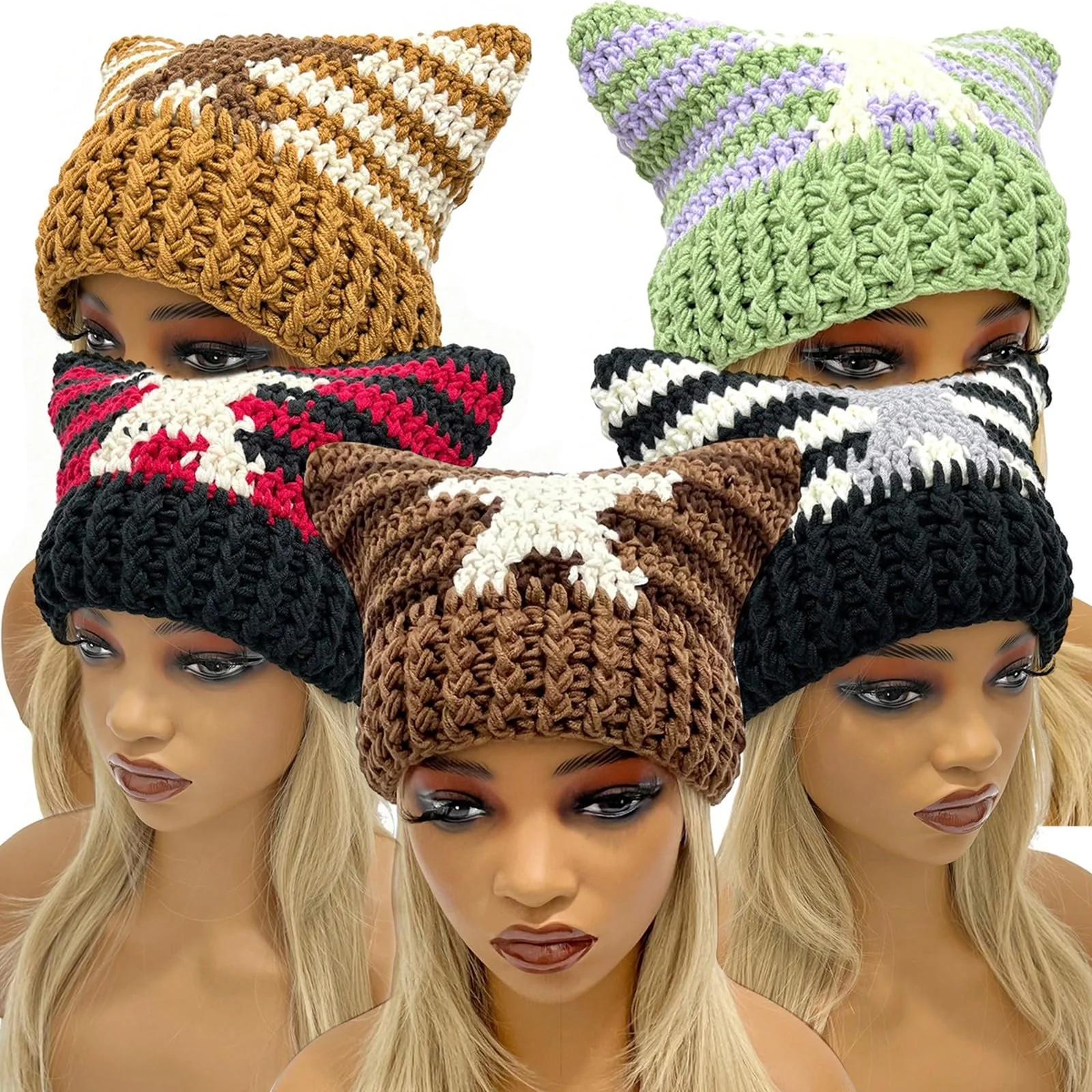 Шапка в смужку з зіркою Ldabrye для дівчат Y2K з вушками та помпоном, фото №3