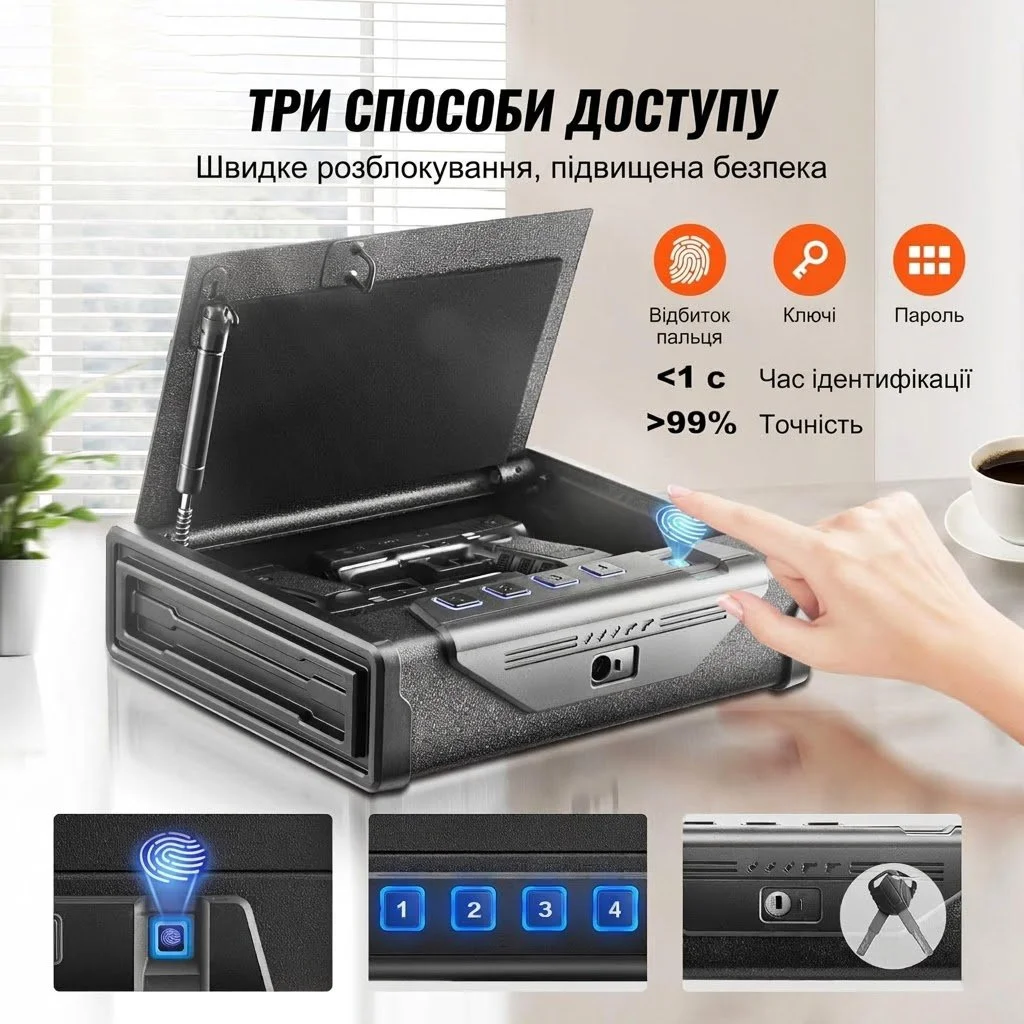 Биометрический сейф для пистолетов VEVOR SS-SQH01 Black, фото №4 Биометрический сейф для пистолетов VEVOR SS-SQH01 Black, фото №4