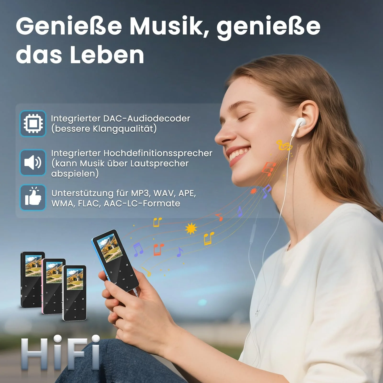 MP3-плеер HOVIN 128GB Bluetooth, с динамиком, наушниками, слотом для TF-карты, цветной экран 1,8 дюйма, FM-радио, видео, запись голоса, спортивный, фото №3