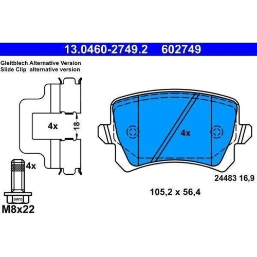 Комплект гальмівних колодок, дискове гальмо ATE 13.0460-2749.2 для SEAT SKODA VAG, фото №2