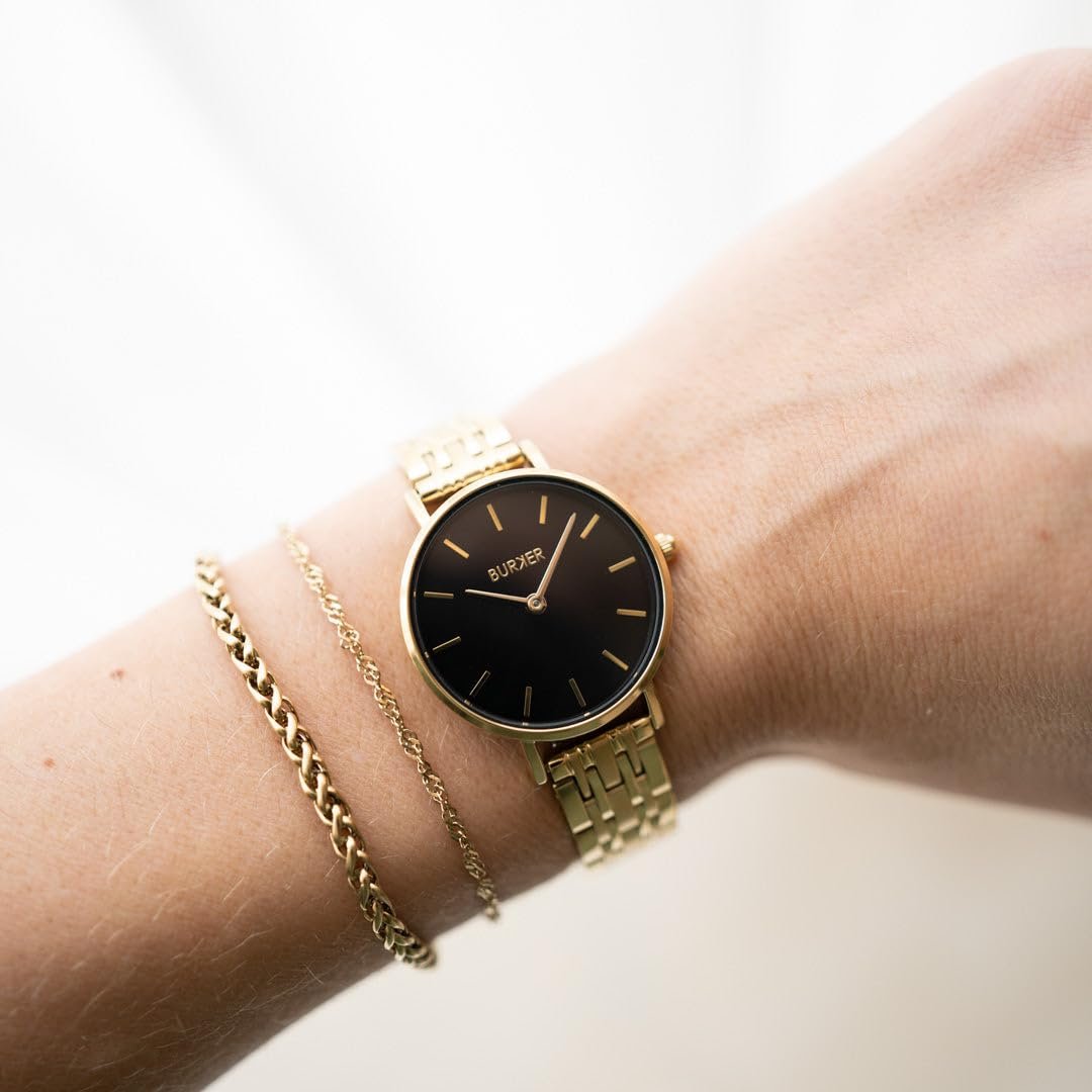 Женские часы BURKER Ruby Petite, круглые, аналоговые, водонепроницаемые 3 ATM, золото-черные, 28 мм, фото №4