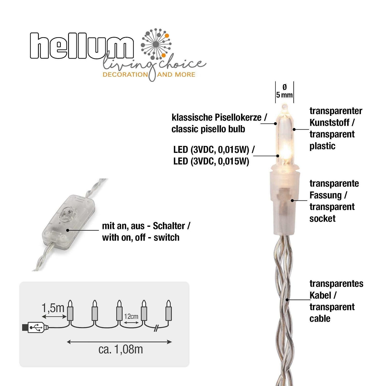 Внутренняя гирлянда Hellum 10 LED с переключателем и USB-соединением, 1,08 м, прозрачный кабель, теплый белый цвет (до 59 люмен), комплект из 2 штук, фото №4