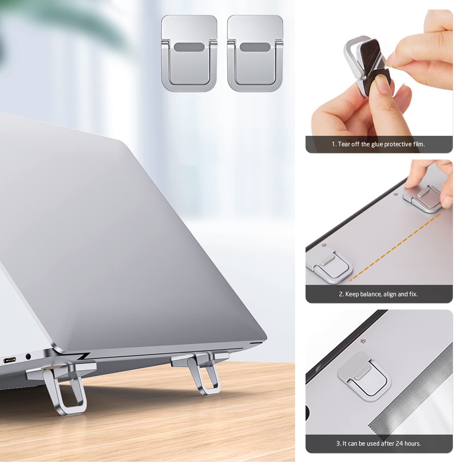 Підставка для ноутбука, складана, самоклеюча, ергономічна, непомітна, сумісна з багатьма ноутбуками, срібляста, 2 шт, фото №4