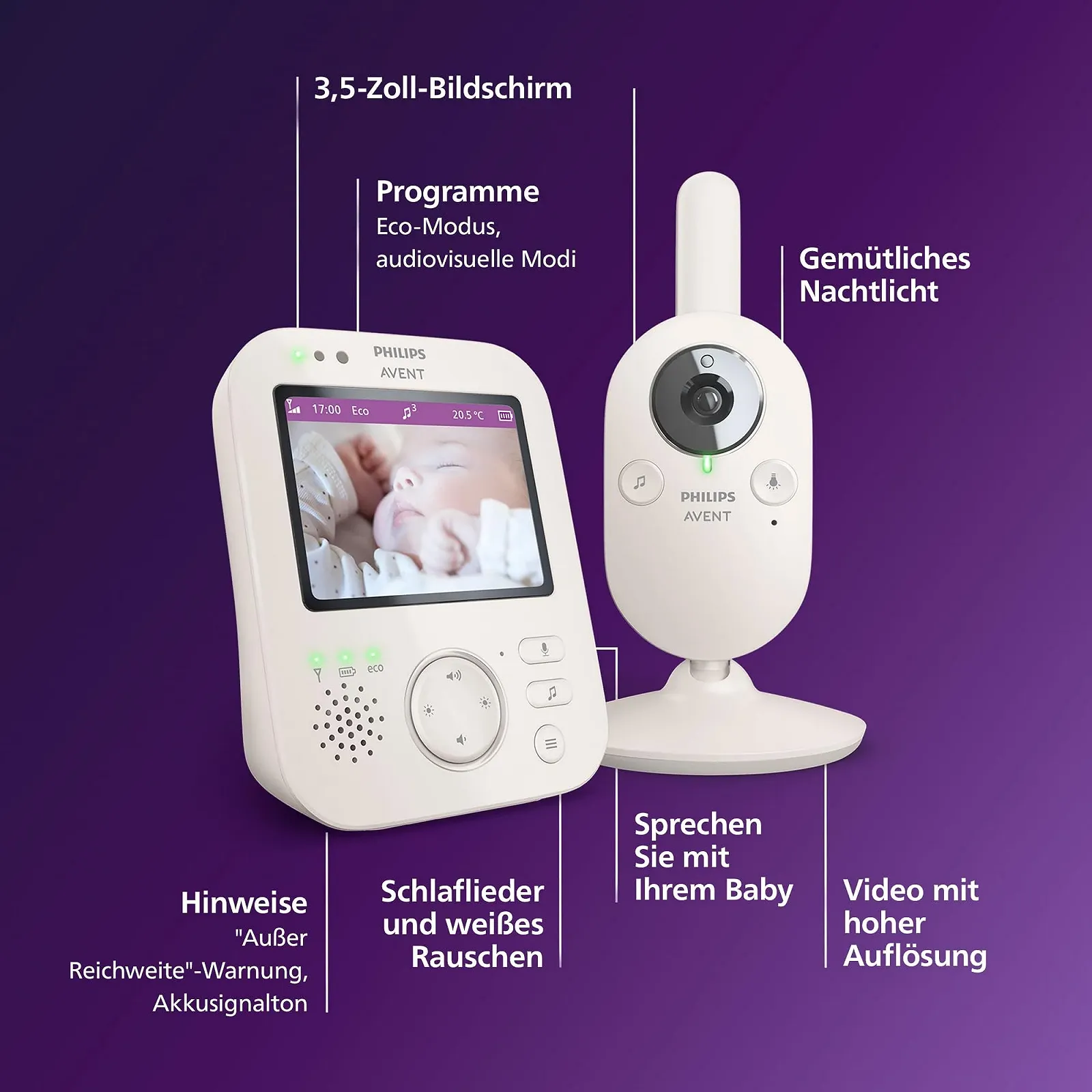 Відеоняня Philips Avent Premium SCD891/26 з камерою, дисплей 3,5 дюйма, x4 зум, нічне бачення, колискові, термометр, білий, фото №7