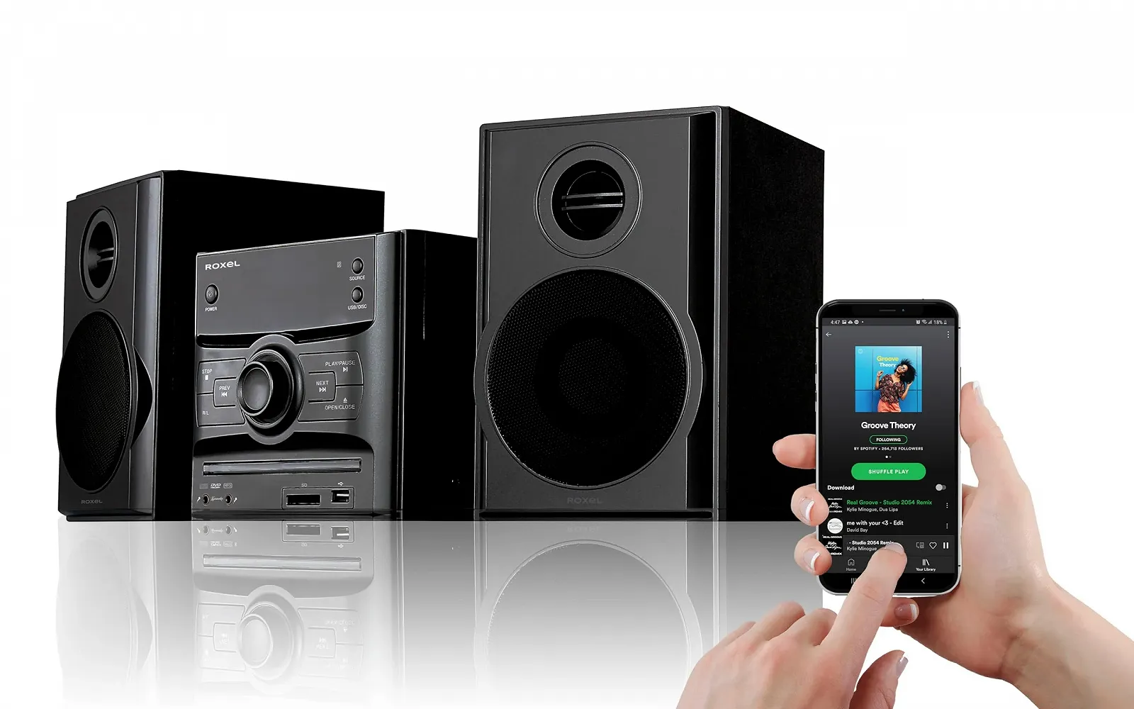 Мини-стереосистема Roxel RCD-250BT Micro Hi-Fi, DVD-проигрыватель, функция караоке, дистанционное управление, беспроводное воспроизведение, FM-радио, воспроизведение USB MP3, выходная мощность 40 Вт RMS, фото №2 Мини-стереосистема Roxel RCD-250BT Micro Hi-Fi, DVD-проигрыватель, функция караоке, дистанционное управление, беспроводное воспроизведение, FM-радио, воспроизведение USB MP3, выходная мощность 40 Вт RMS, фото №2