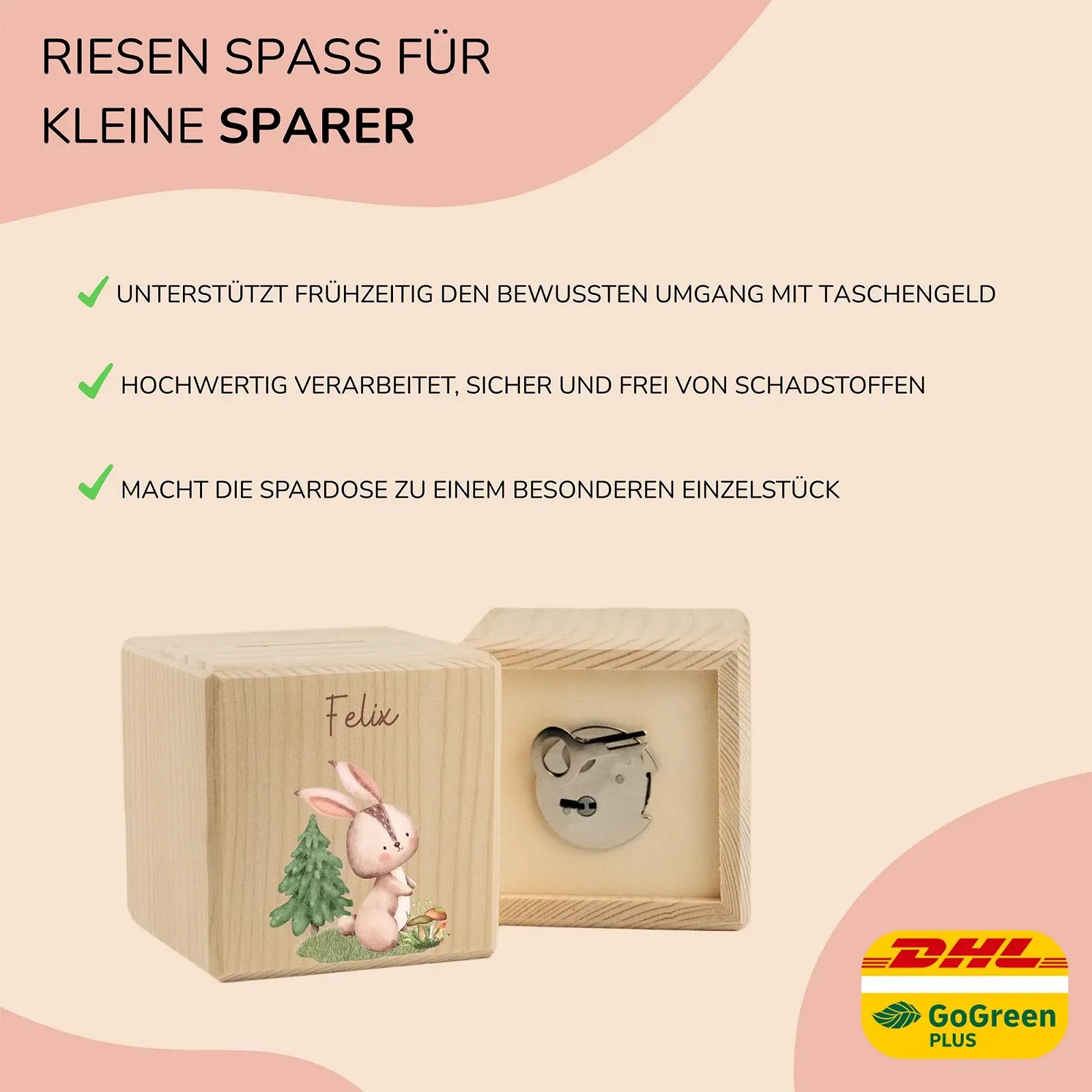 Копилка LARIFEE Rabbit деревянная кубическая с замком и ключом, фото №5