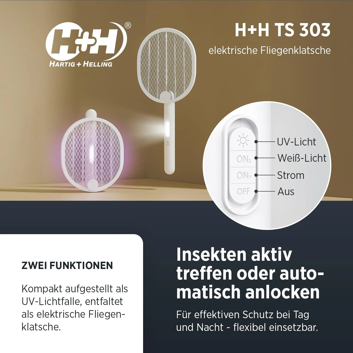 Електрична мухобійка H+H TS 303 набір 2 шт. 2-в-1 з UV-світлом USB-C біла, фото №4