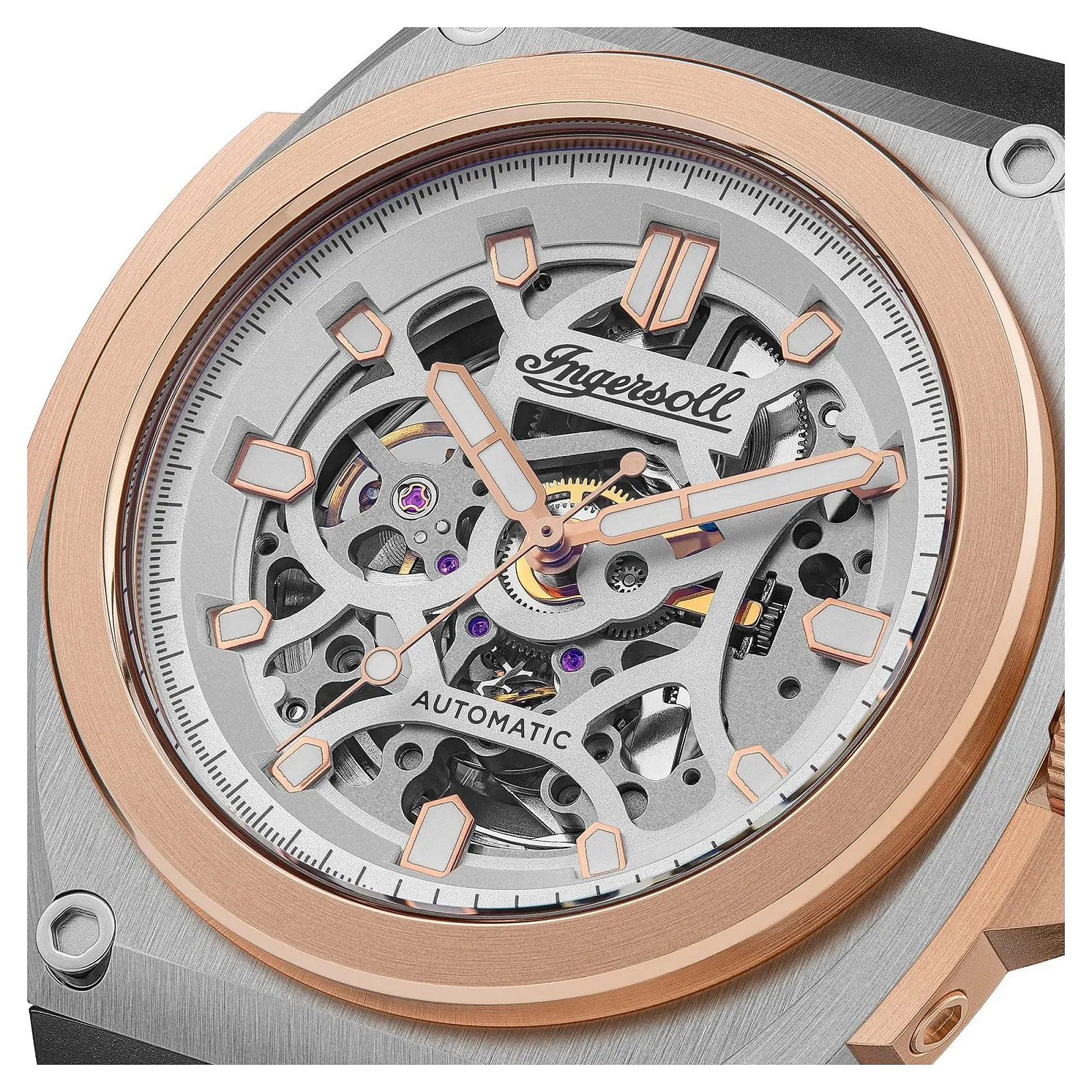 Мужские автоматические часы Ingersoll The Motion 48 мм, скелетовидный циферблат, кожаный ремешок Horween, серебристо-розово-черный, лента, фото №2 Мужские автоматические часы Ingersoll The Motion 48 мм, скелетовидный циферблат, кожаный ремешок Horween, серебристо-розово-черный, лента, фото №2