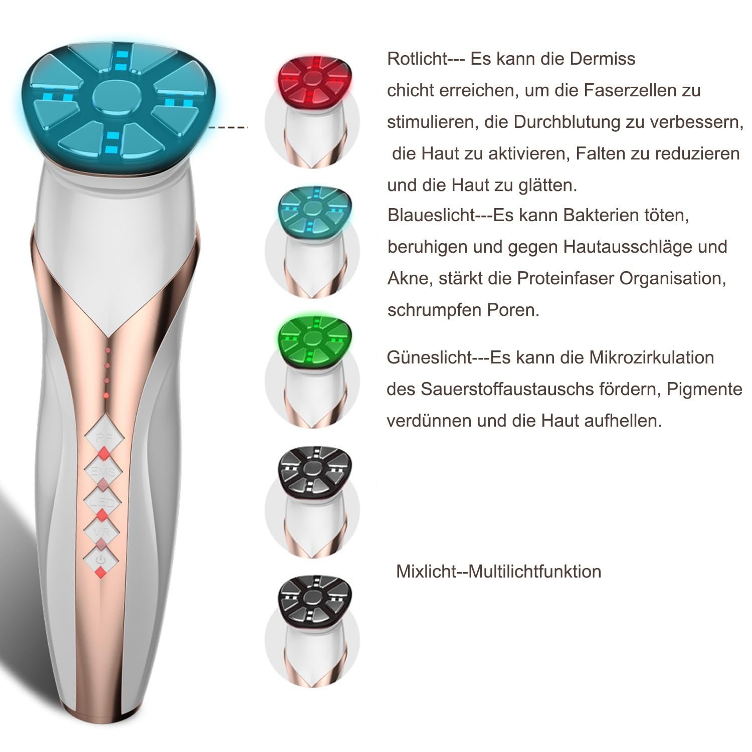 Масажер косметичний BOWKA Rechargeable RF_EMS High Frequency 1 МГц Organic Light 5 Colours Blue Green Light Red Light для тіла, обличчя, лікування зморшок, омолодження шкіри, очищення шкіри, фото №3