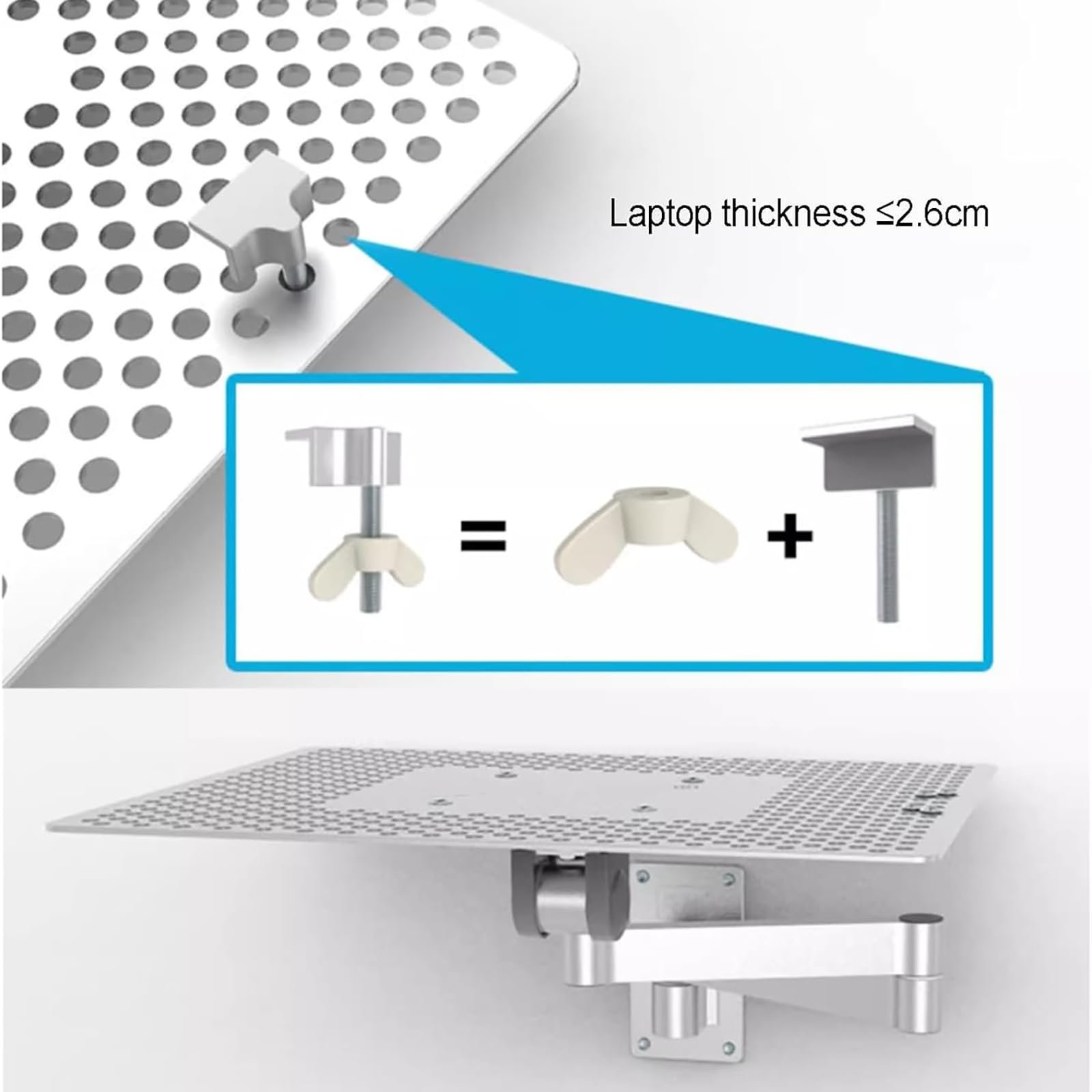 Настенное крепление для ноутбука, регулируемый кронштейн для ноутбука с подставкой для мыши, вентилируемая охлаждающая платформа, полная артикуляция движения, подставка для ноутбука, грузоподъемность 8 кг, для офиса, рабочей станции, фото №6