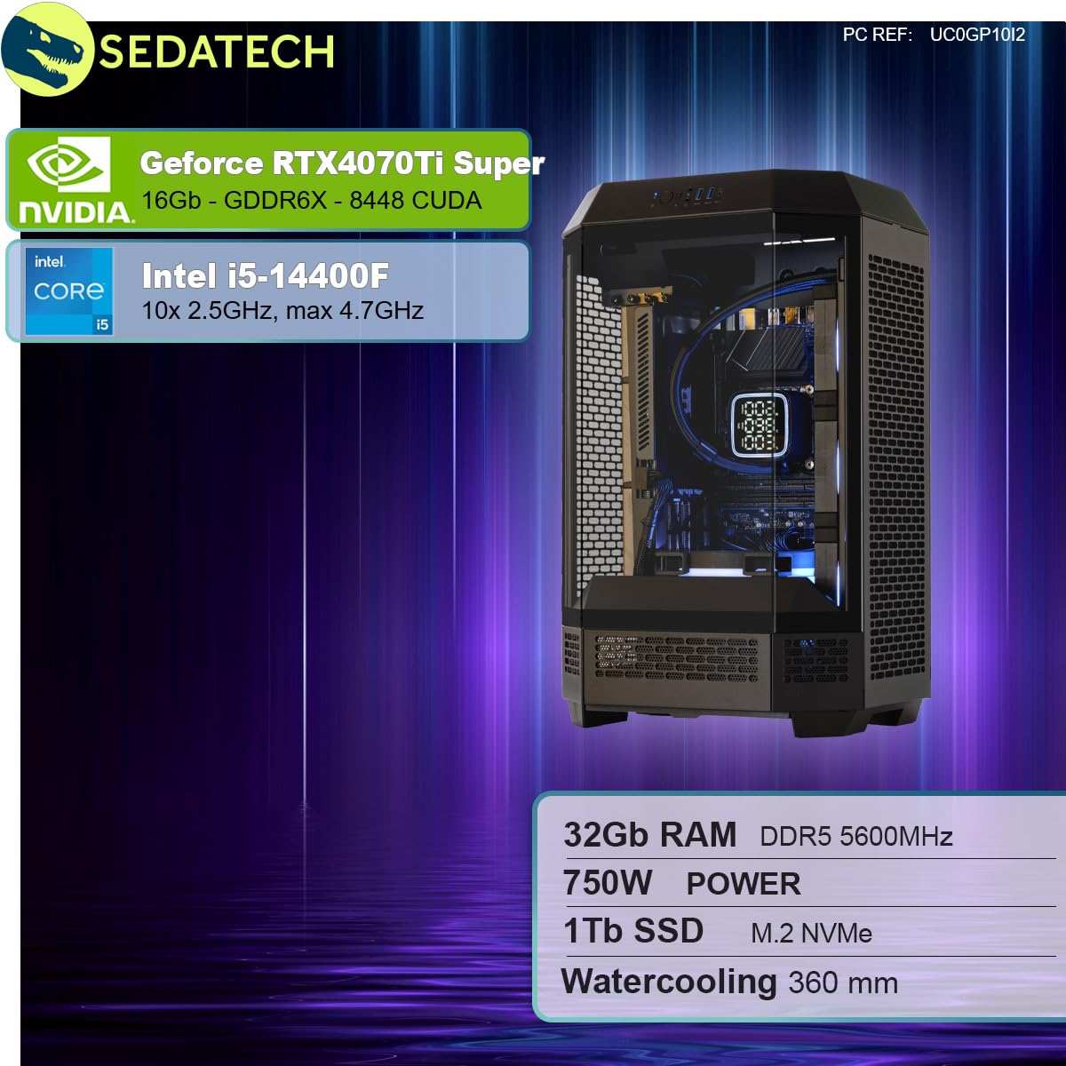 Комп'ютер Sedatech Pro Gaming Water Cooling Intel i5-14400F RTX4070Ti Super 32GB 1TB SSD M.2 Без ОС, фото №2