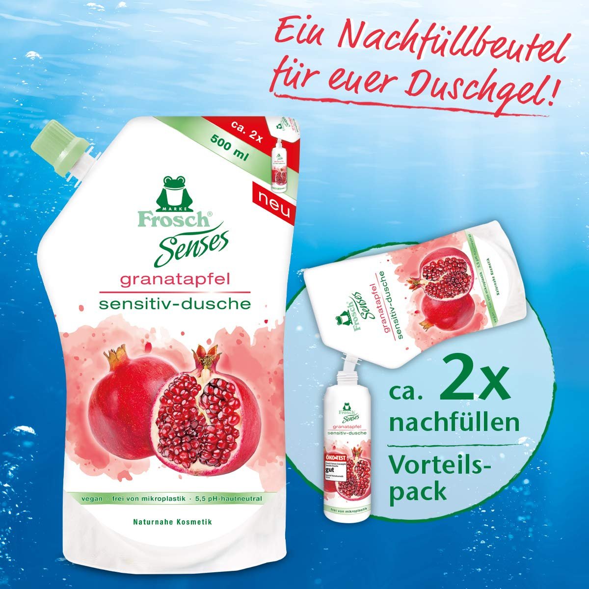 Гель для душа Frosch Senses Pomegranate Sensitive для чувствительной кожи pH-нейтральный 500 мл сменный пакет, фото №3