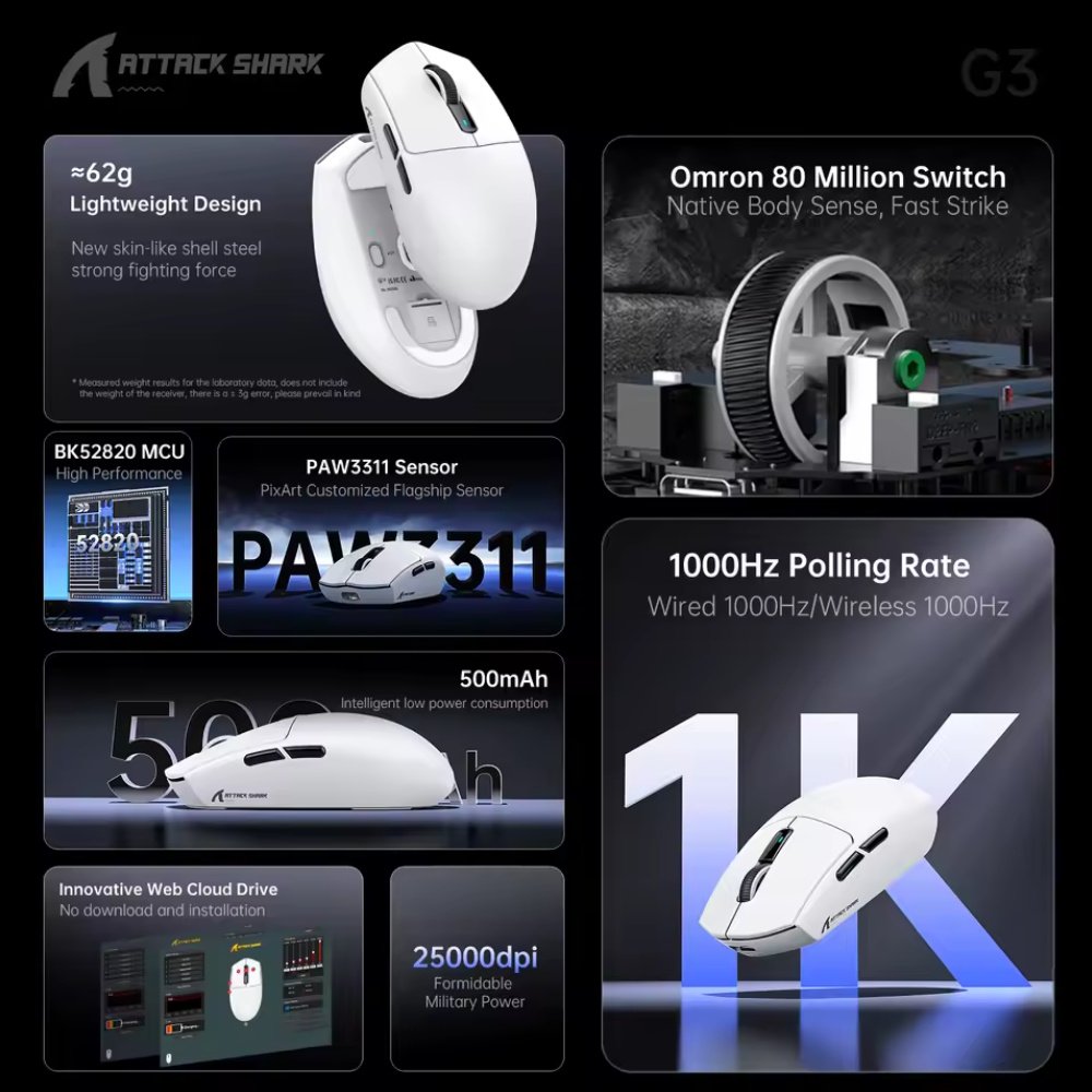 Миша Attack Shark G3 White 25000DPI PAM3311 Wireless Bluetooth, фото №3