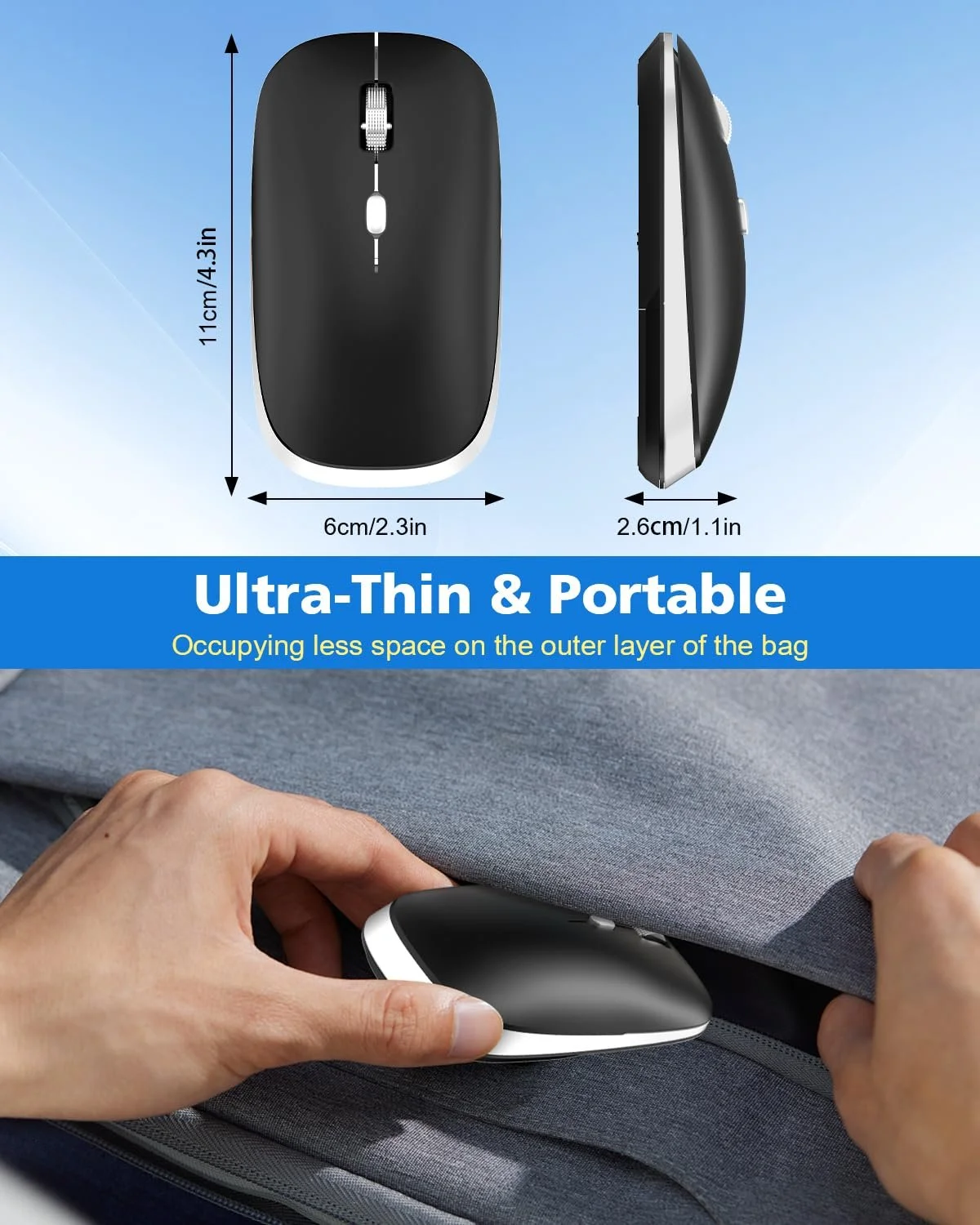 Мышь PINKCAT Bluetooth Беспроводная Bluetooth 4.0, 800/1200/1600 DPI, Эргономичная Тихая, Черный, фото №5