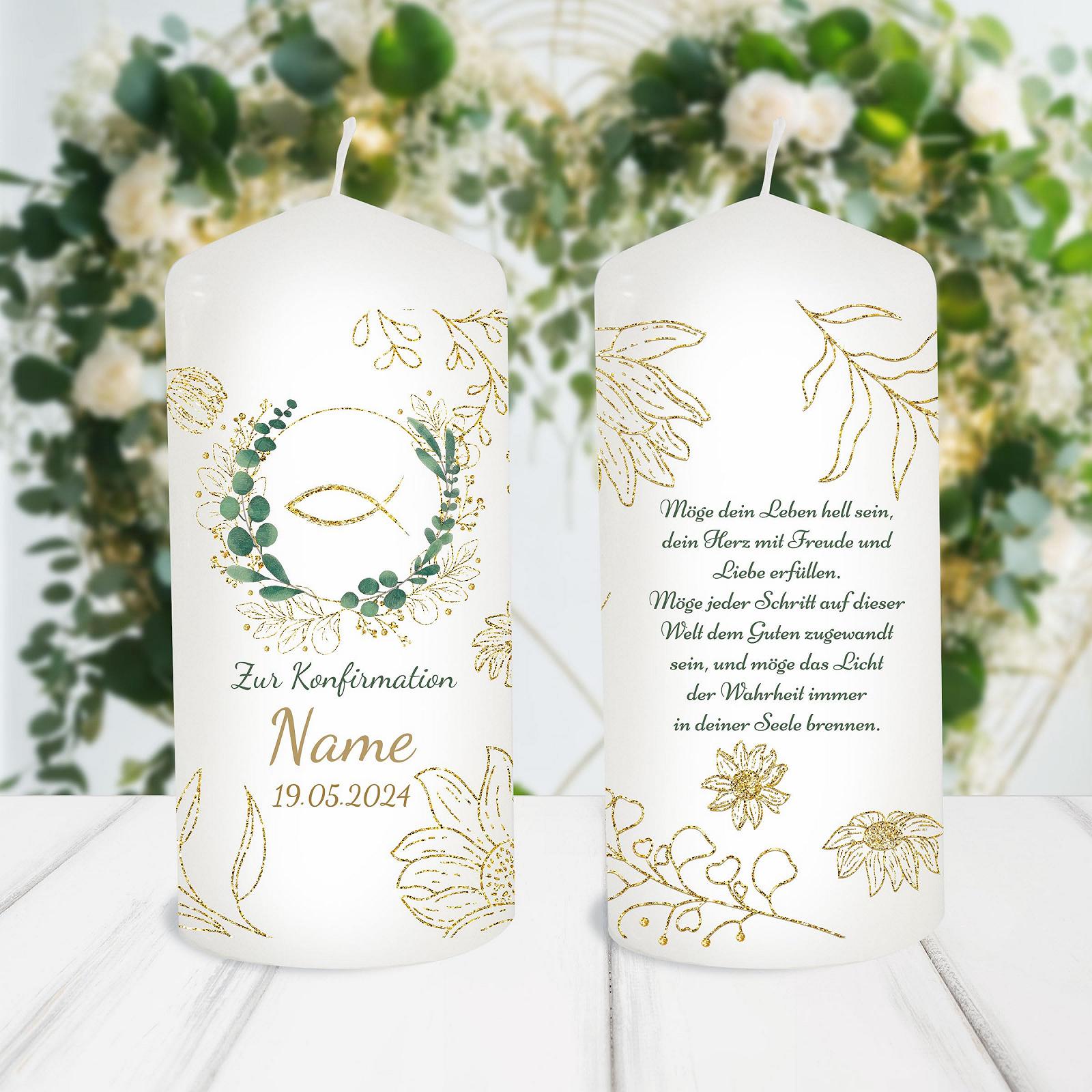 Свеча Personalised Confirmation с именем с эвкалиптовым венком и рыбкой временем горения 35 часов диаметр 6.8 x высота 15 см, фото №3 Свеча Personalised Confirmation с именем с эвкалиптовым венком и рыбкой временем горения 35 часов диаметр 6.8 x высота 15 см, фото №3