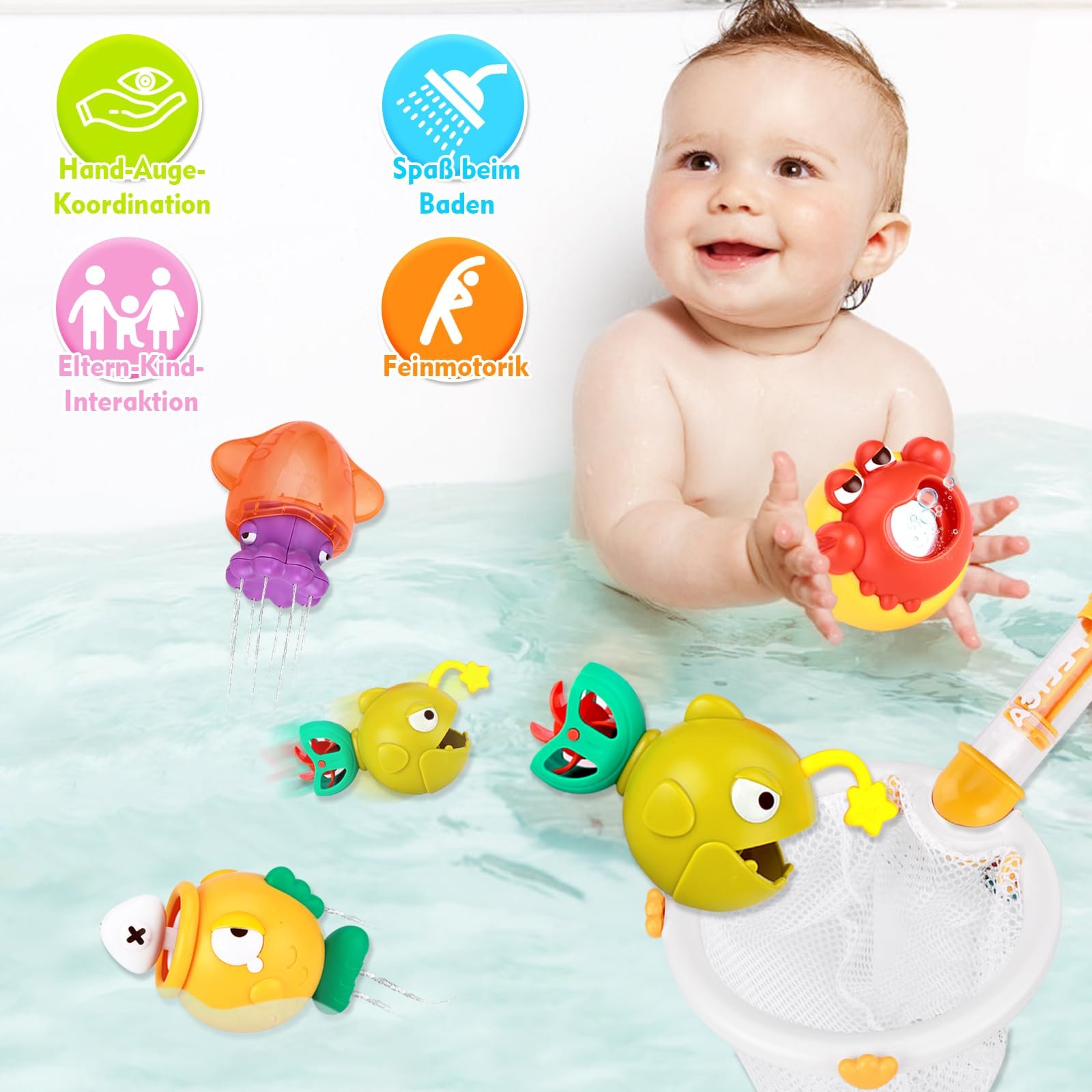 Іграшка для ванни Риболовля з вудками, водними пістолетами, сачком, магнітною рибою, фото №5