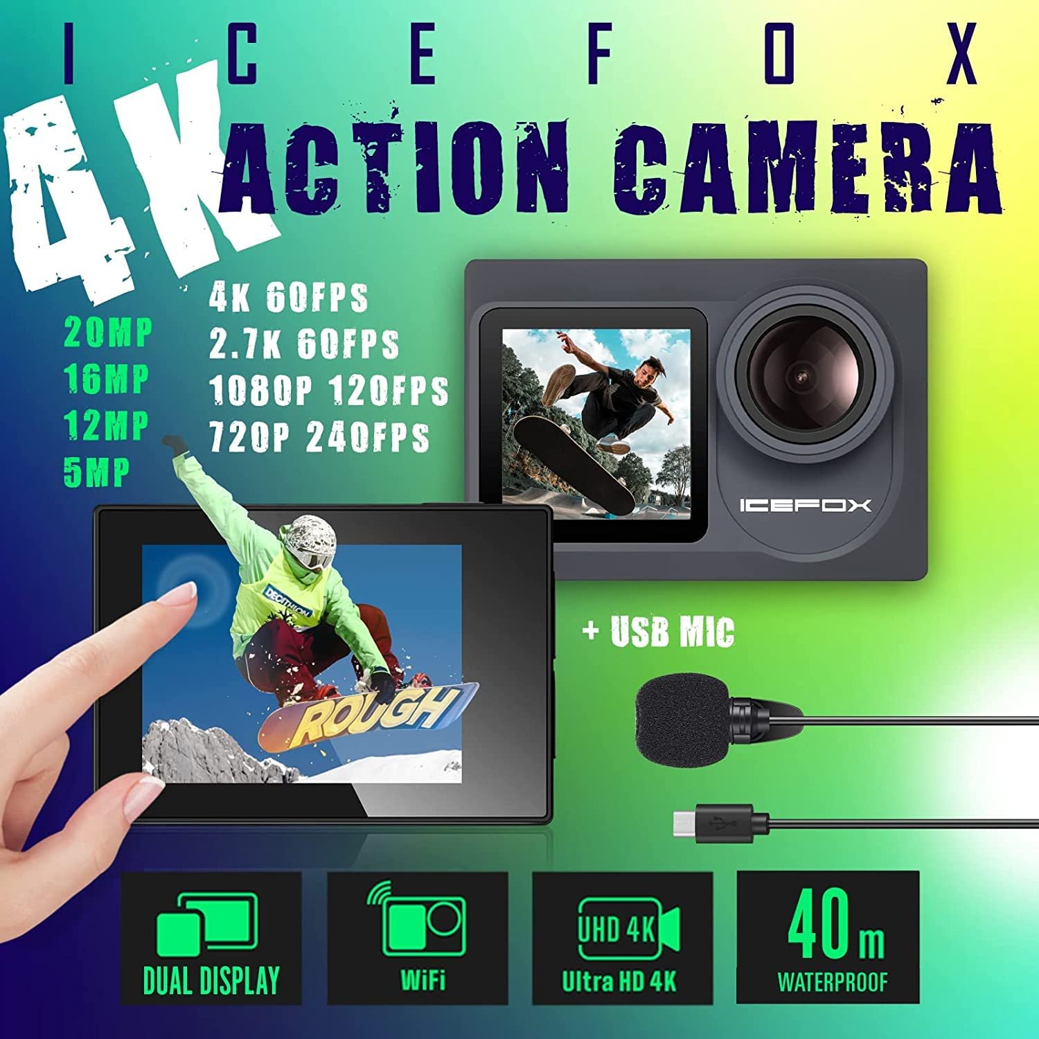 Экшн-камера Icefox 4K Ultra HD 20MP Водонепроницаемая 40м 170° Сверхширокий угол WiFi Камкордер Стабилизация изображения Ice Dual 1350 mAh Батарея, фото №2