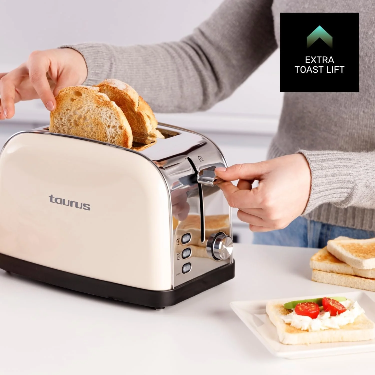 Тостер Taurus Vintage II Cream 950 Вт, 2 слоти, 7 рівнів підсмажування, 3 функції, корпус з нержавіючої сталі, самоцентрування, висувний піддон для крихт, зберігання кабелю, кремовий, фото №6
