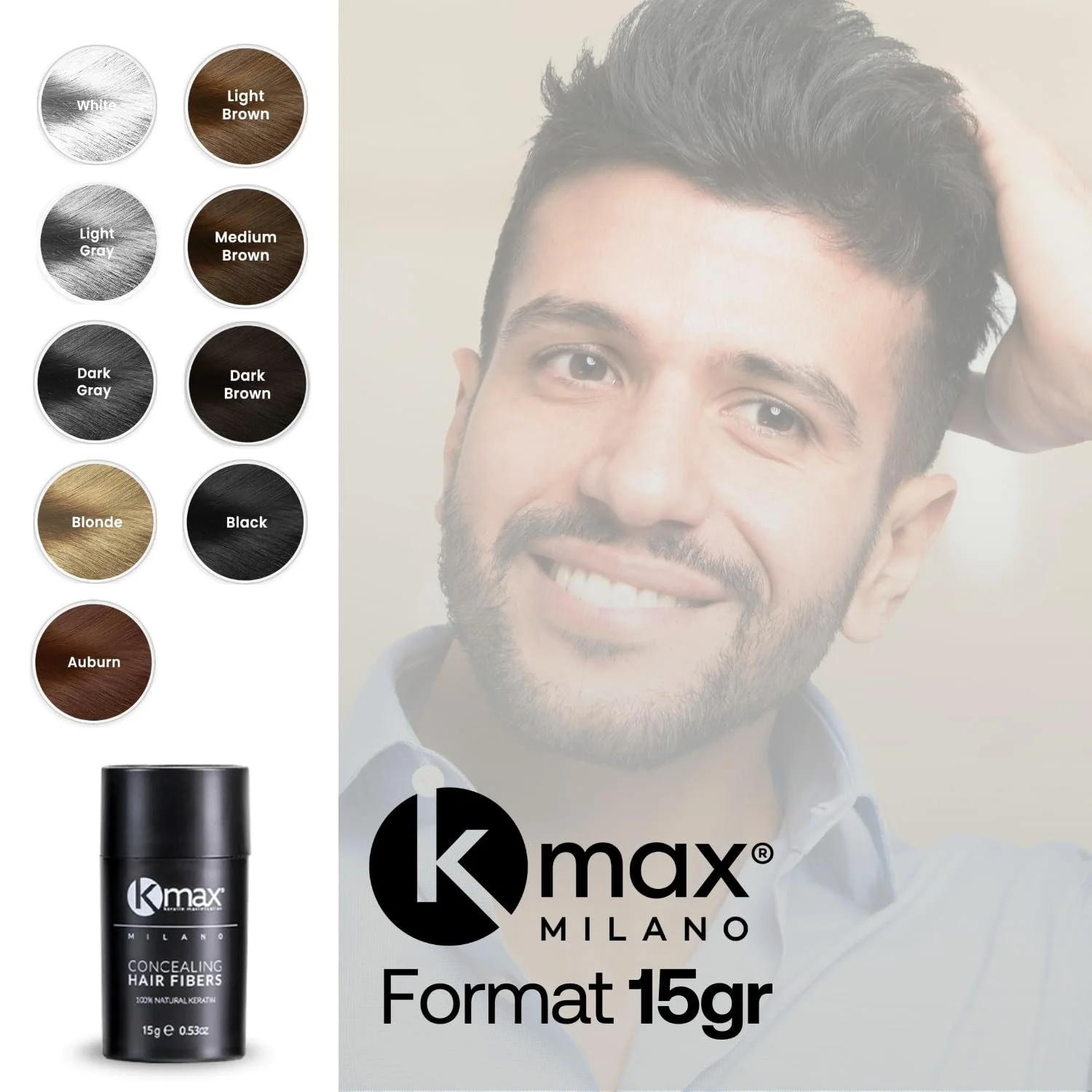 Пудра для волосся Kmax Keratin 15 г, для об'єму волосся з миттєвим загущенням, пудра для коренів, щоб приховати лисини - Чорний, фото №7