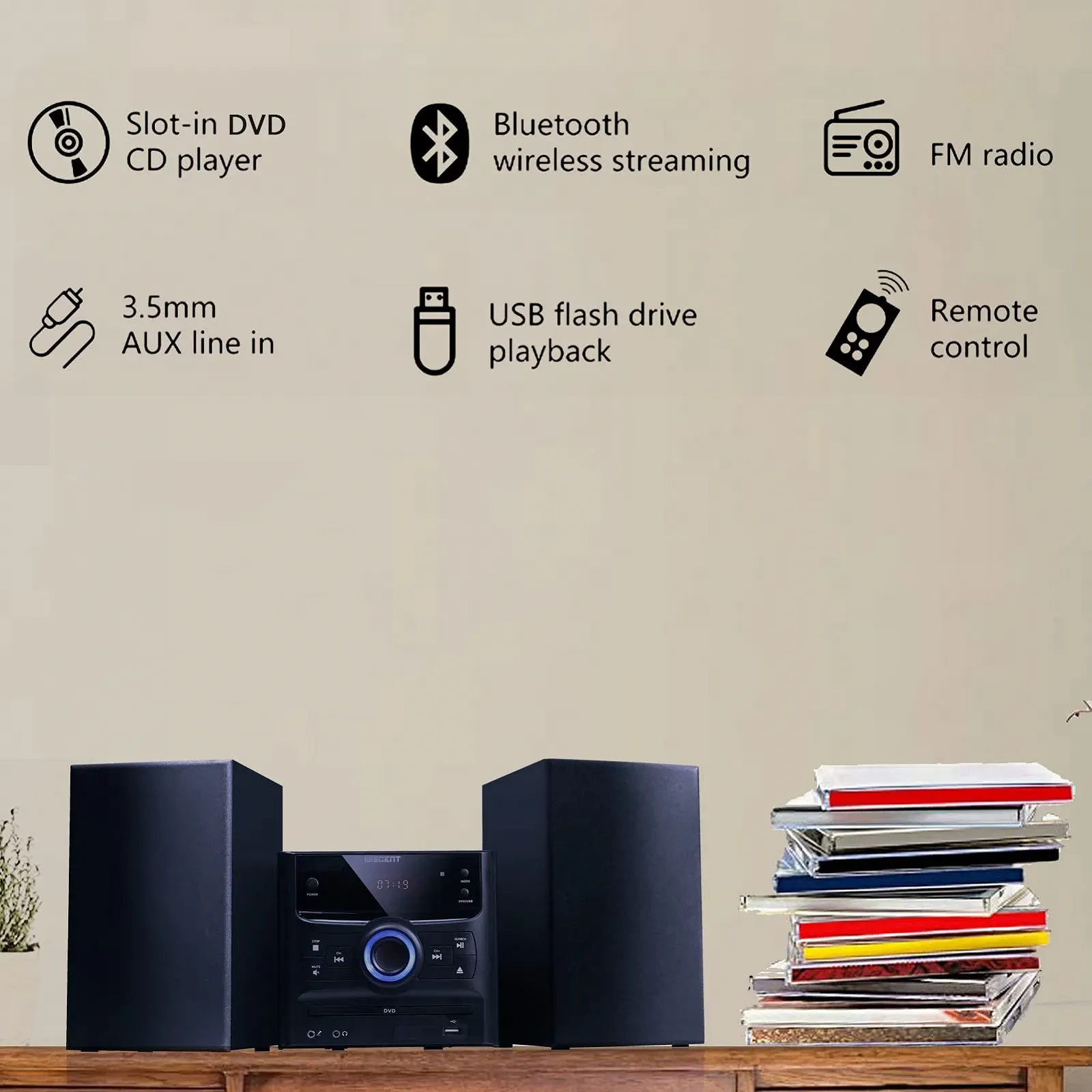 Hi-Fi система WISCENT 30 W с Bluetooth (CD-проигрыватель, DVD-проигрыватель, FM-радио, USB, AUX вход), фото №2 Hi-Fi система WISCENT 30 W с Bluetooth (CD-проигрыватель, DVD-проигрыватель, FM-радио, USB, AUX вход), фото №2