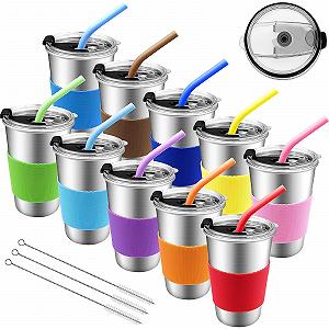 Набор кружек из нержавеющей стали с крышкой и соломинками, 10 шт, 500 мл, детские, многоразовые, с силиконовым чехлом для детей, мальчиков, девочек - Фото 1