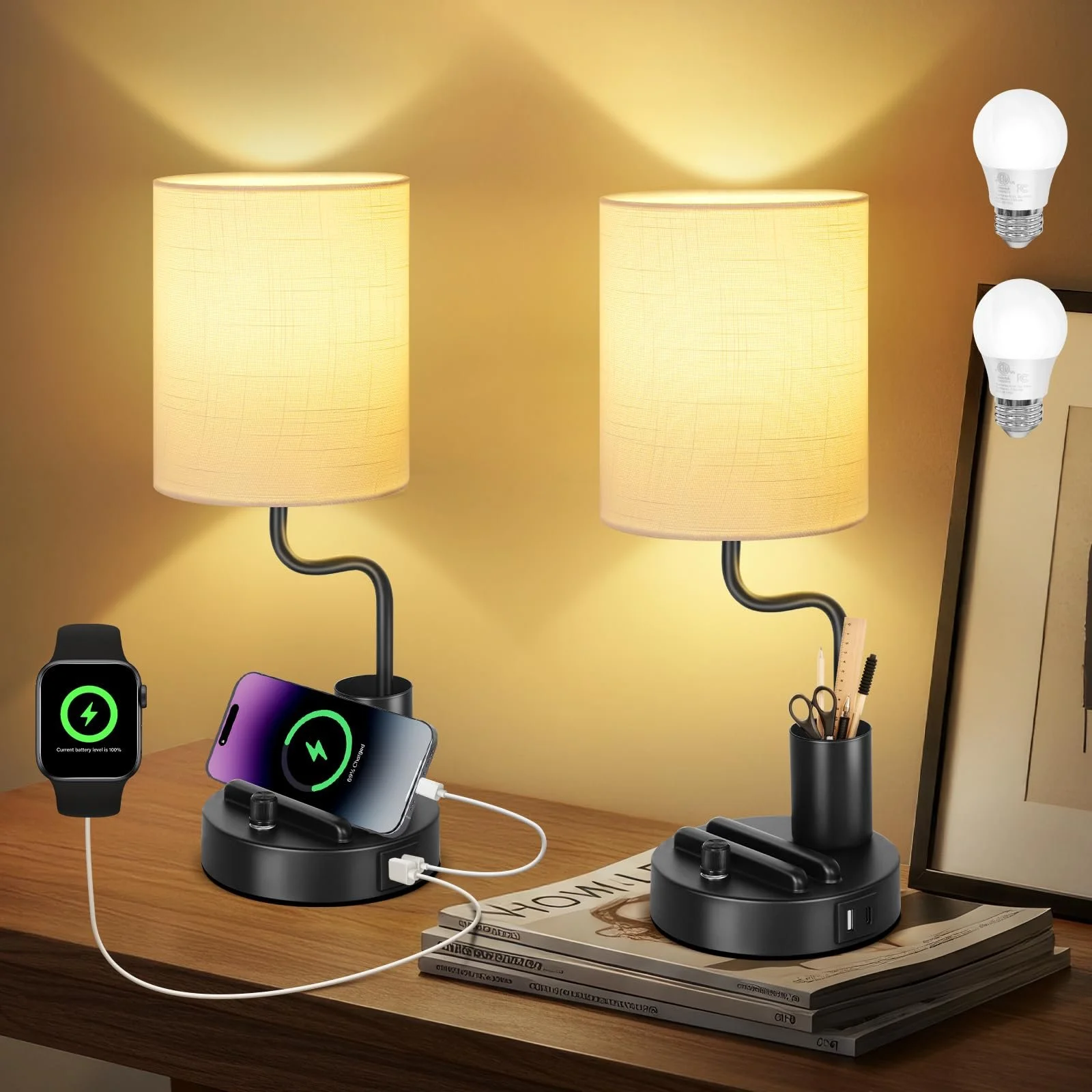 Настільні лампи OUTON набір 2 шт керамічні з USB-A та USB-C 2700K тримач для телефону та ручок Чорна, фото №1